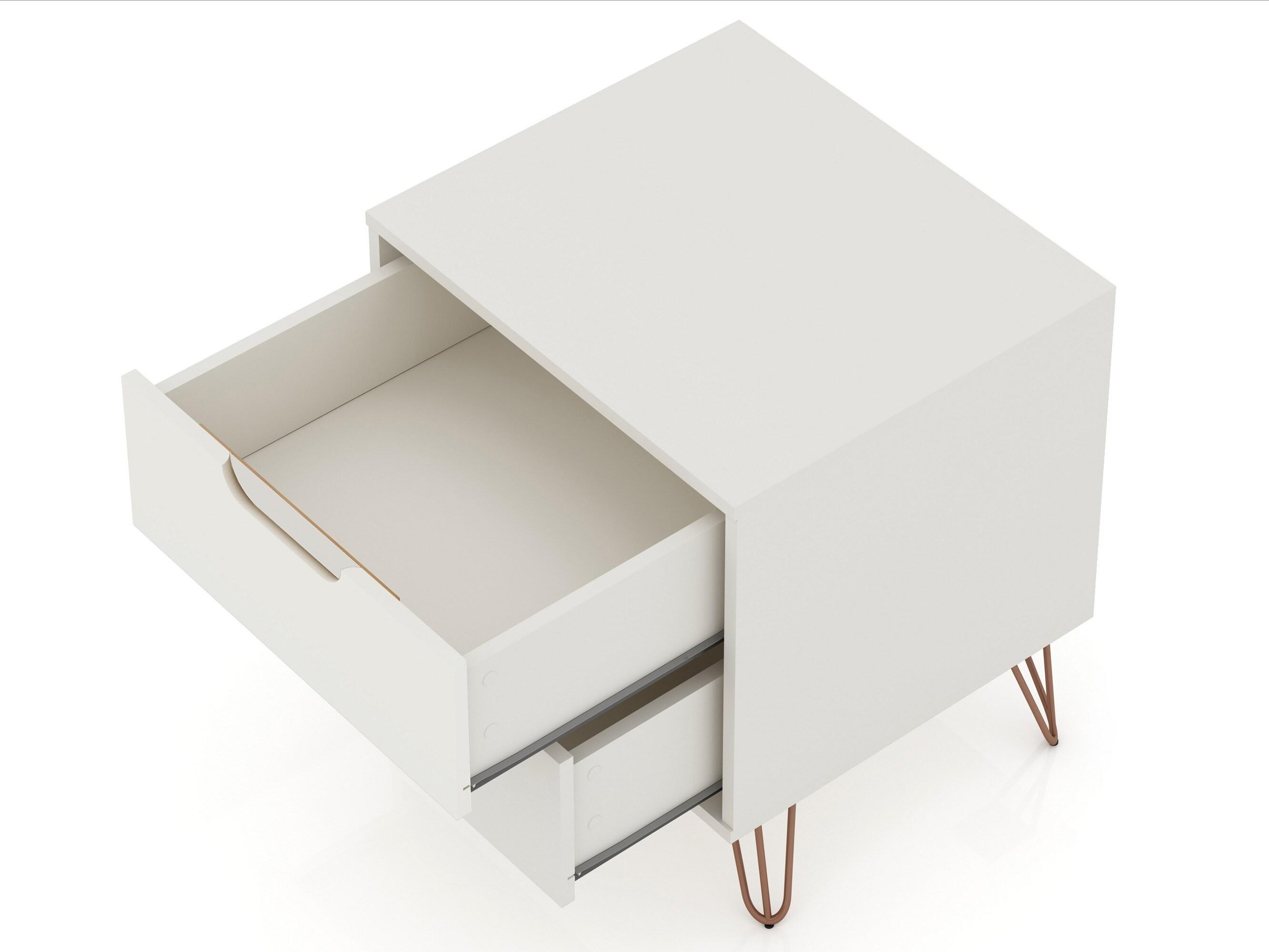 Set of 2 Rockefeller 2 Drawer Nightstands Off White - Manhattan Comfort: Modern Splayed Metal Legs, MDF
