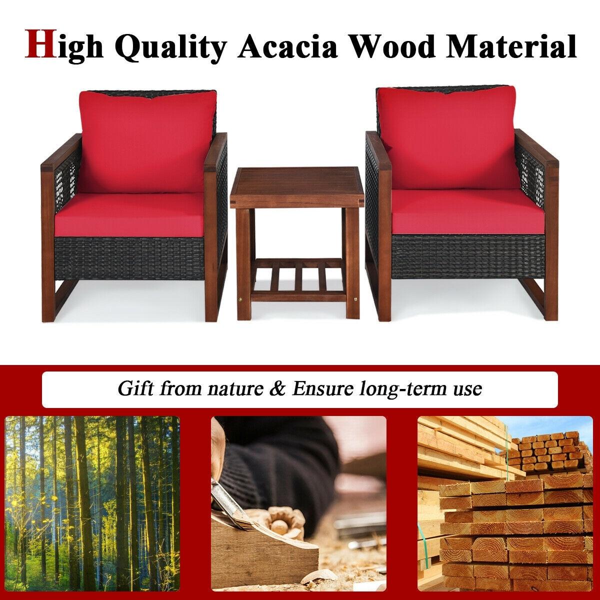 Costway 3PCS Patio Wicker Furniture Set Solid Wood Frame Cushion Sofa w/ Square Table Shelf Red