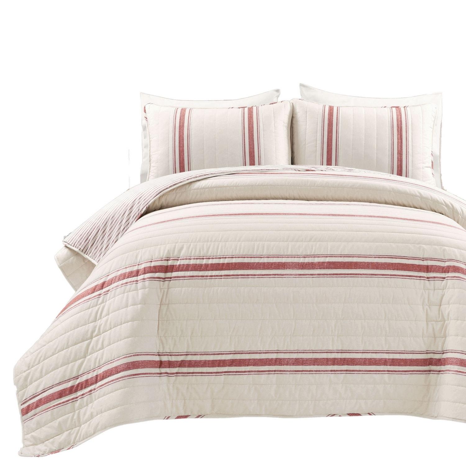 Lush Decor Farmhouse Stripe Cotton Reversible Quilt, King, Red, 3-Pc Set
