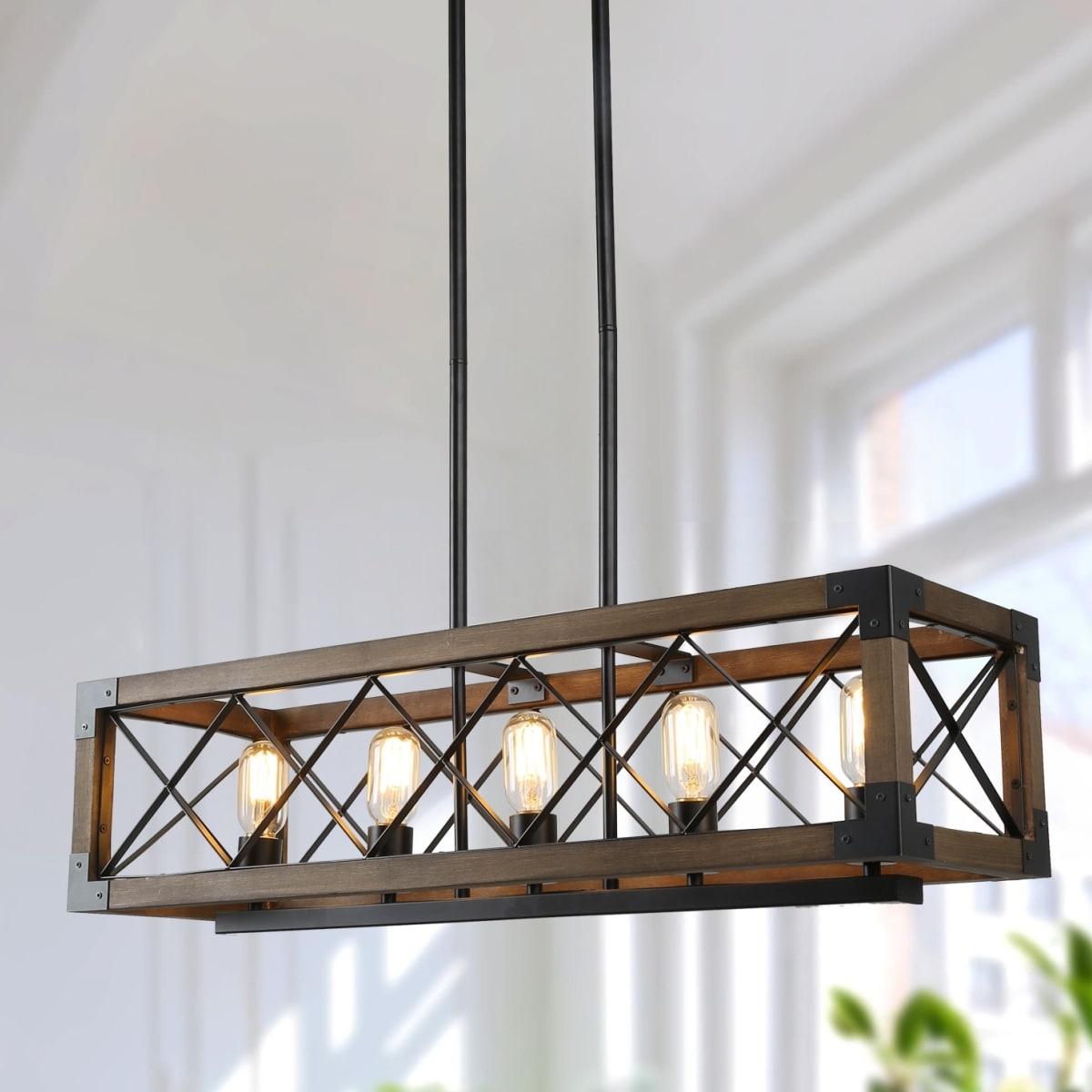Farmhouse 5-Light Wood and Black Metal Chandelier, Rectangular Kitchen Island Light Fixture