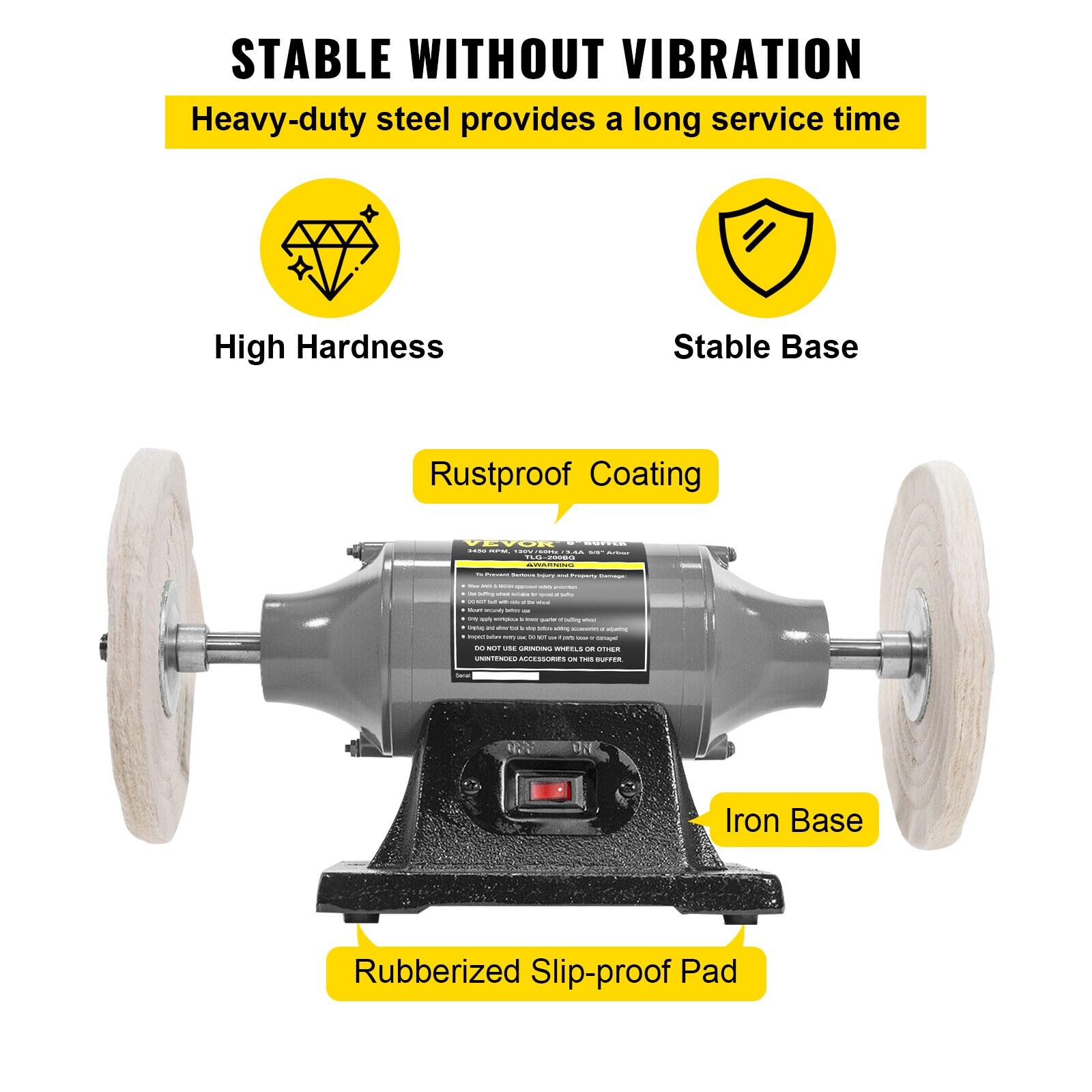 VEVOR Bench Buffer Polisher, 1/2HP Polishing Buffing Machine, 0 to 8000RPM Benchtop Polisher Grinder with 4" Cloth Wheel, 3" Grinding Wheel & 3" Fiber Wheel for Metal, Jewelry, Wood and Plastic