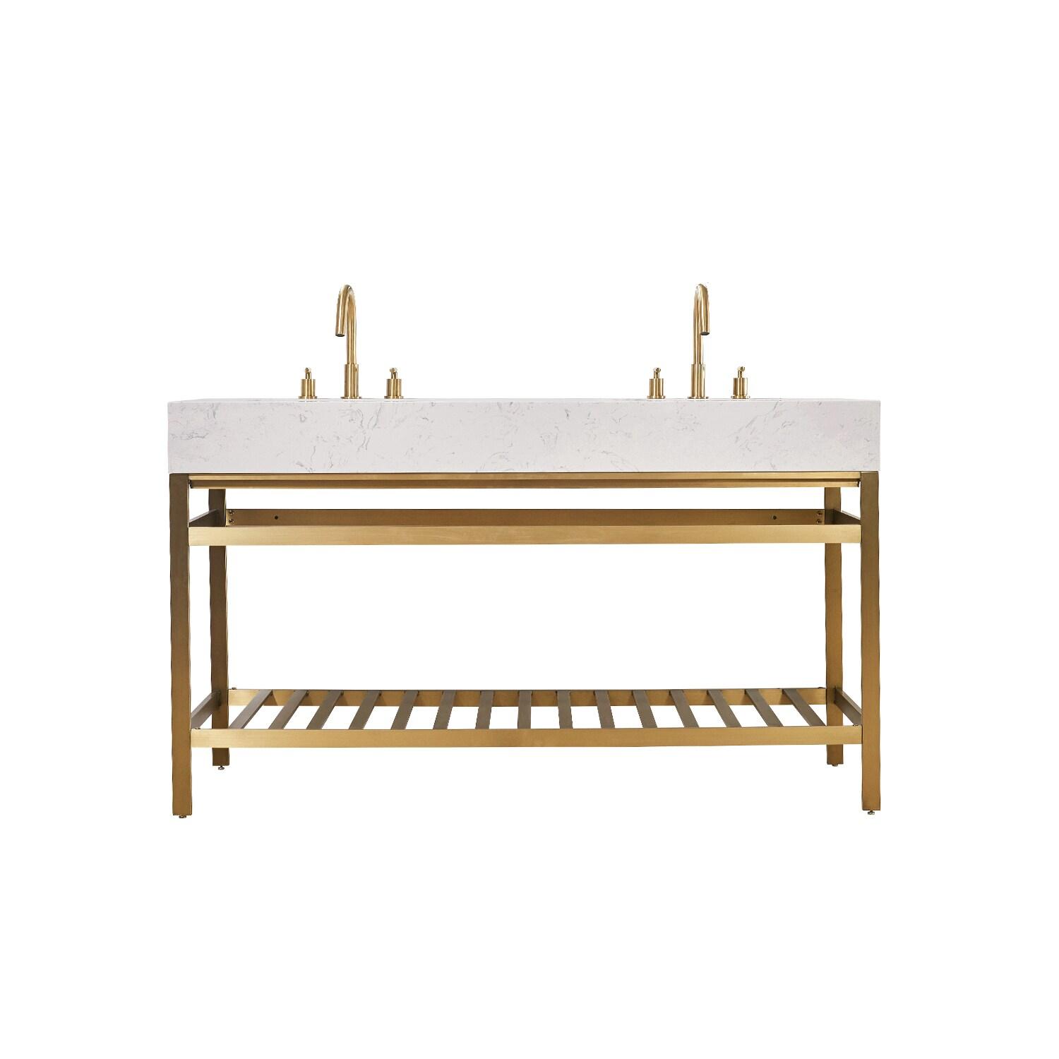 Merano 60" Double Stainless Steel Vanity Console in Brushed Gold with Aosta White Stone Countertop without Mirror