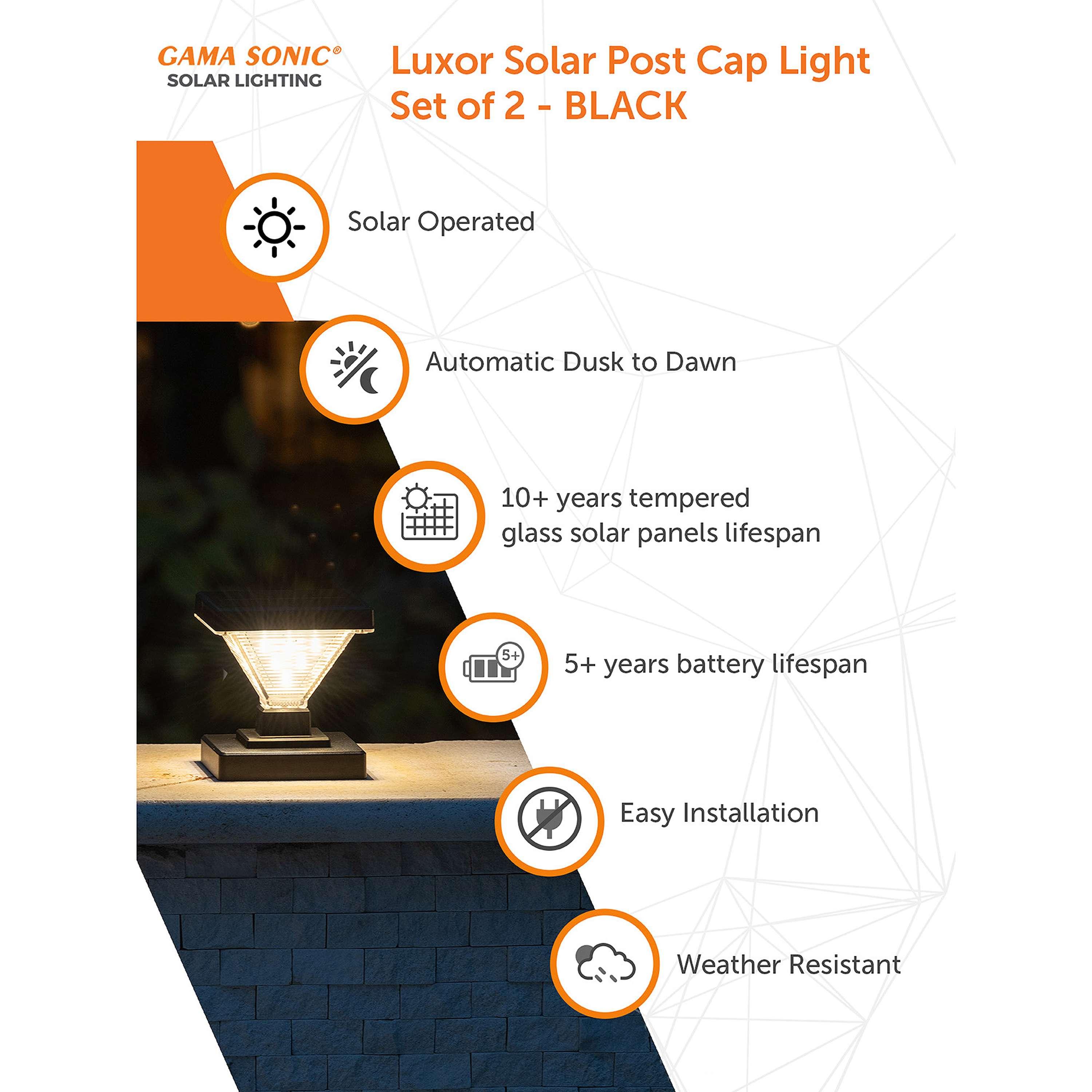 Luxor Black 4x4 and 5x5 Solar LED Deck Post Cap Light with Warm White and Hi/Lo Mode for Backyard and Wood Fence(2-Pack) (Set of 2)