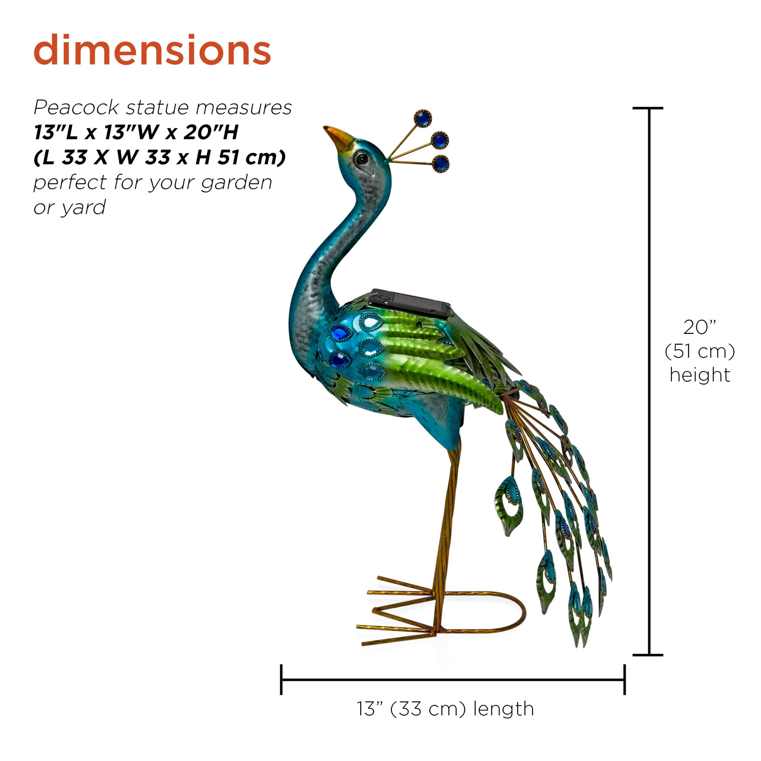 Alpine Corporation LED Solar Garden Peacock: Iron Sculpture, Outdoor Decor, 20" Height