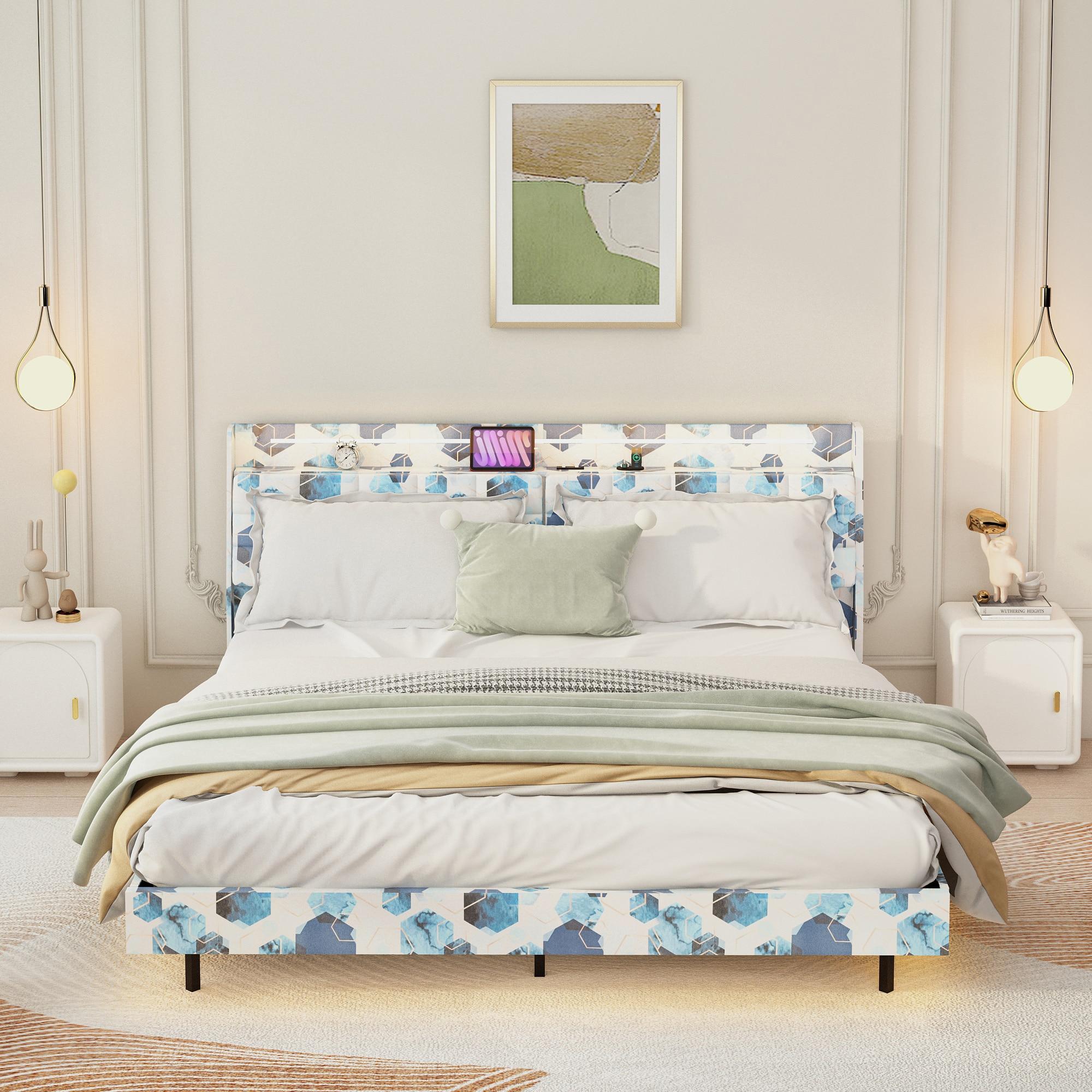 SYNGAR Floating Queen Bed Frame with Upholstered Storage Headboard, Modern Metal Bed Frame with LED Light and Charging Station, Noise Free, Wood Slat Support, No Box Spring Needed, Muticolor