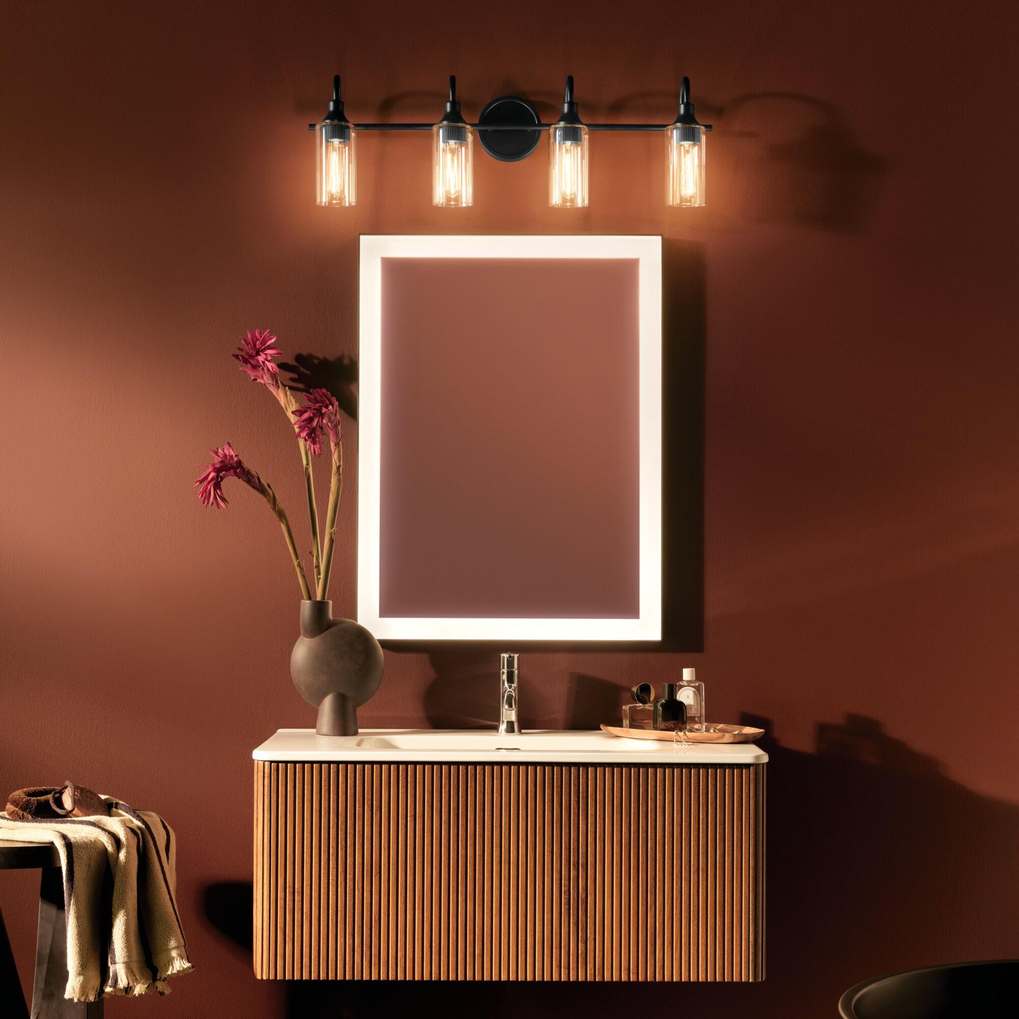 Kichler Kavi 31.5" 4-Light Vanity Light with Clear Glass in Black, Damp Rated, for Bathroom, Powder Room, Over a Mirror, (31.5" W x 10" H), 55212BK