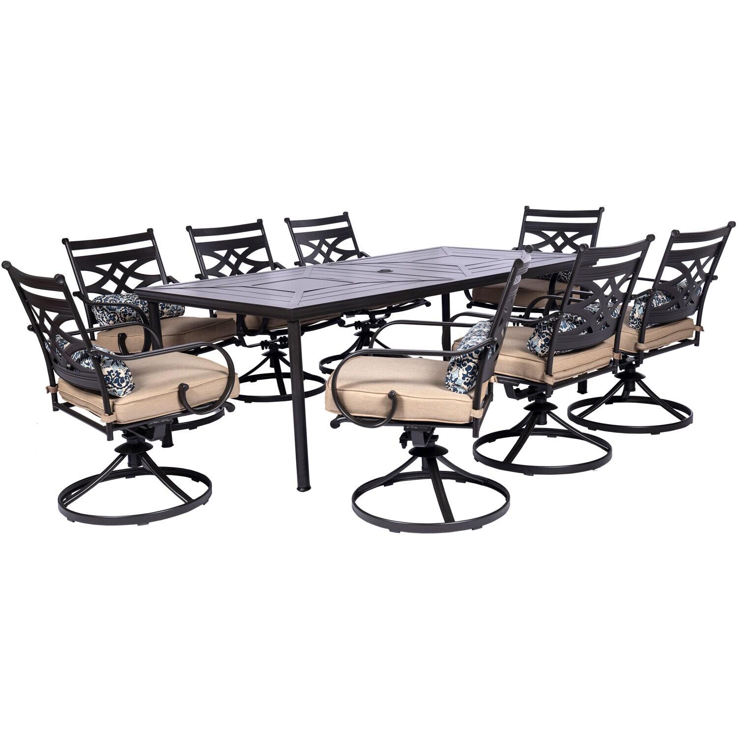 Hanover Montclair 9-Piece All-Weather Outdoor Patio Dining Set, 8 Swivel Rocker Chairs with Comfortable Seat and Lumbar Cushions, 84"x42" Stamped Rectangle Table, MCLRDN9PCSW8-TAN