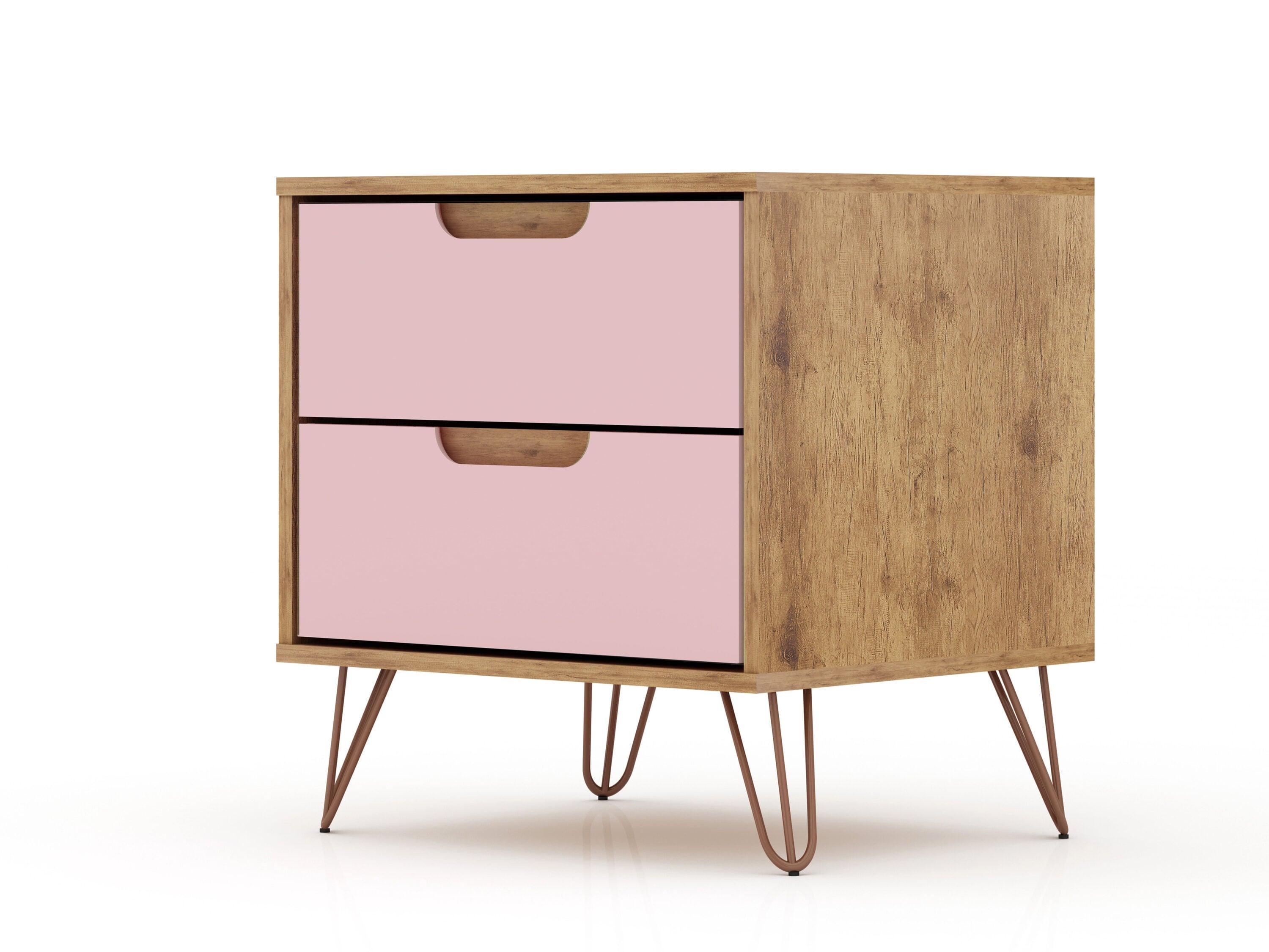 2.0 Rockefeller Nightstand Natural/Rose Pink - Manhattan Comfort: Modern MDF Bedside Storage with Metal Glides