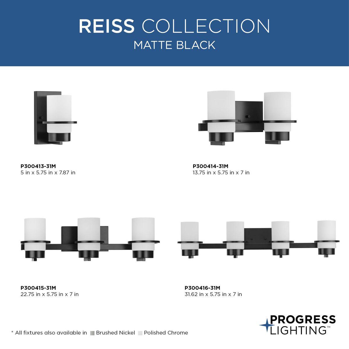 Progress Lighting Reiss Collection 2-Light Vanity Light in Matte Black with White Glass Shade