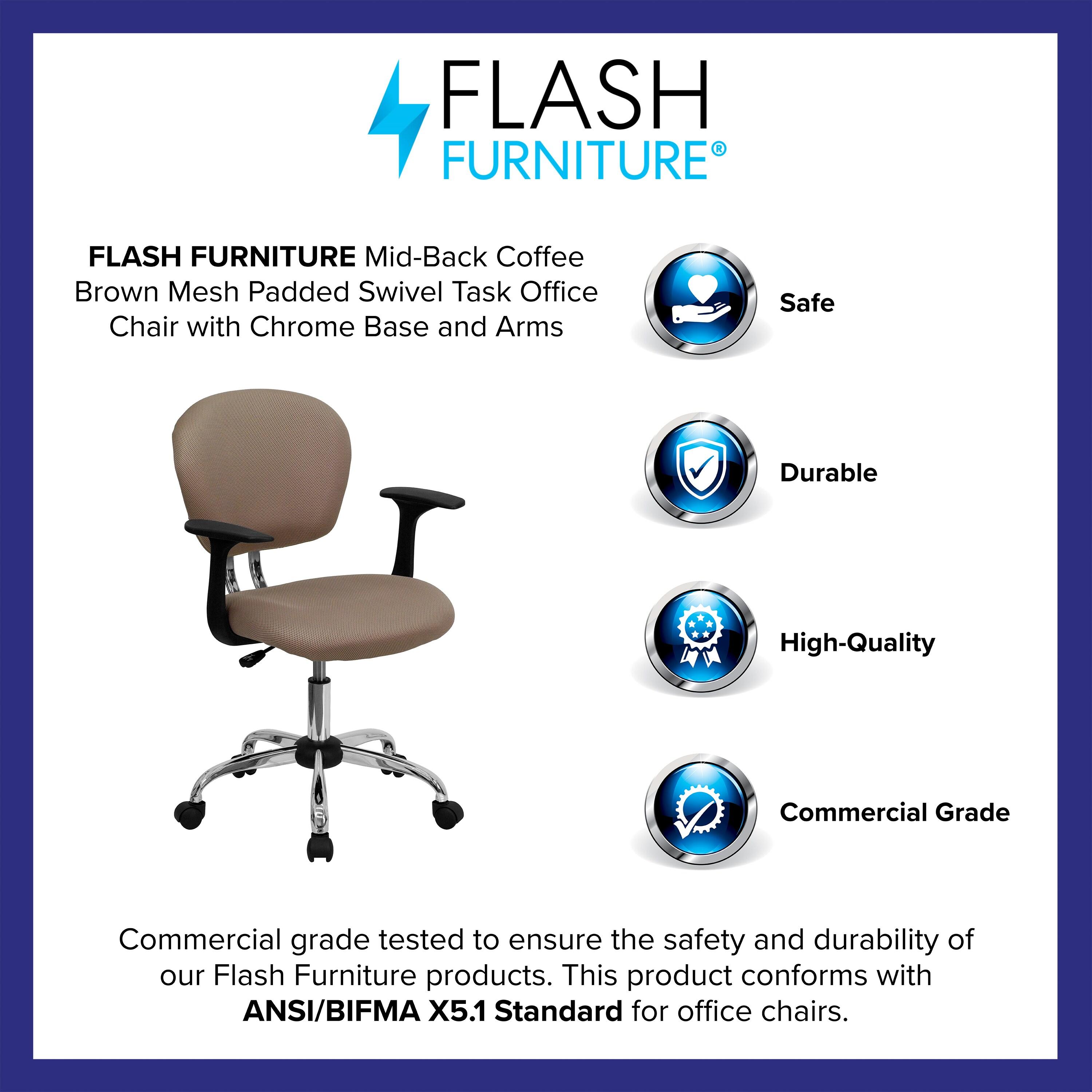 Flash Furniture Beverly Mid-Back Coffee Brown Mesh Padded Swivel Task Office Chair with Chrome Base and Arms