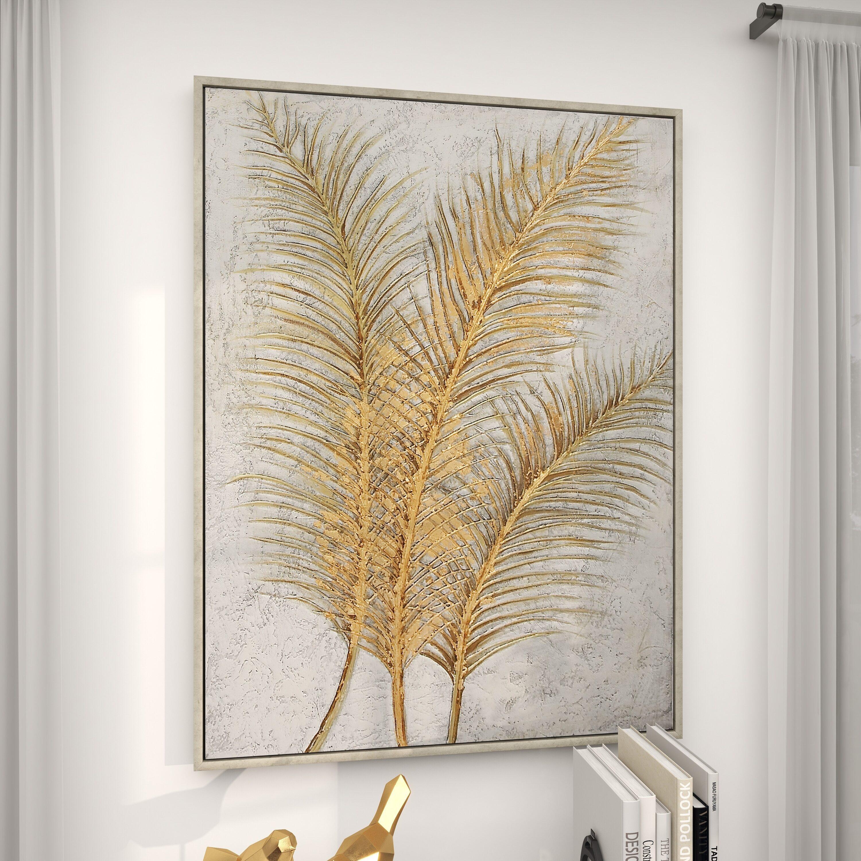 CosmoLiving by Cosmopolitan Gold Canvas Leaf Framed Wall Art with Silver Frame