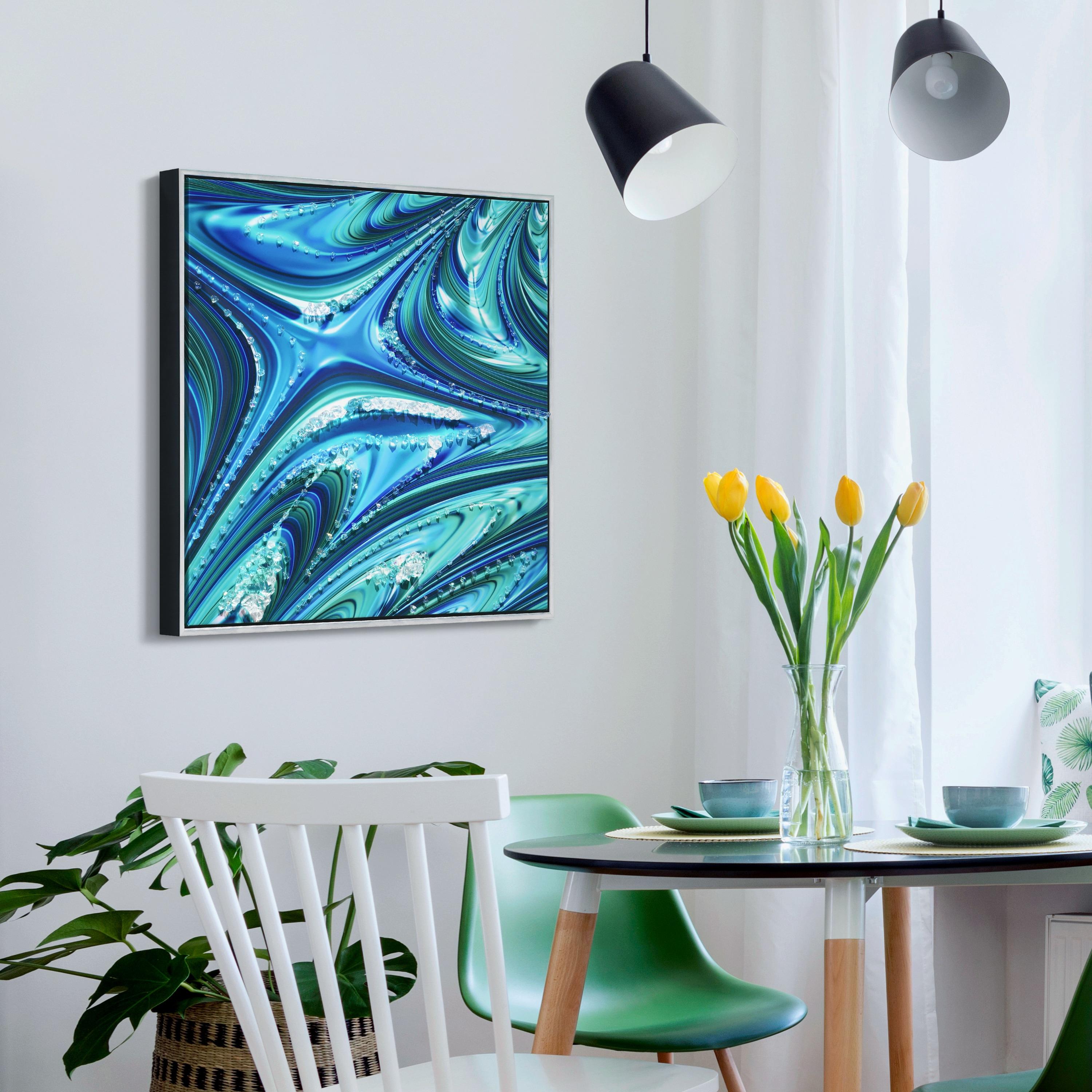 "Ocean Waves II" Crystallus Epoxy Coated Wrapped Framed Glossy Blue Canvas Wall Art with Heavy Acrylic Crystal Shards Embellishments