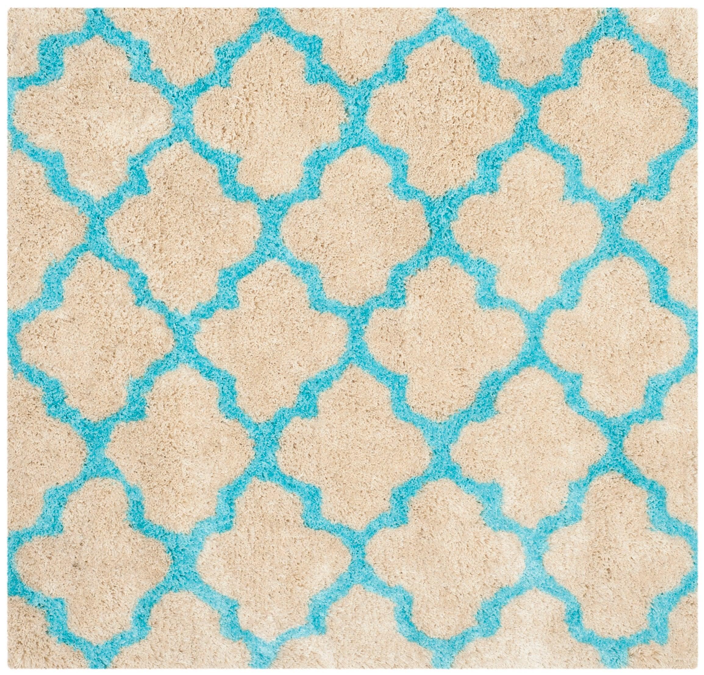 Cream and Blue Hand-Tufted Shag Cotton Area Rug, 5' x 5'