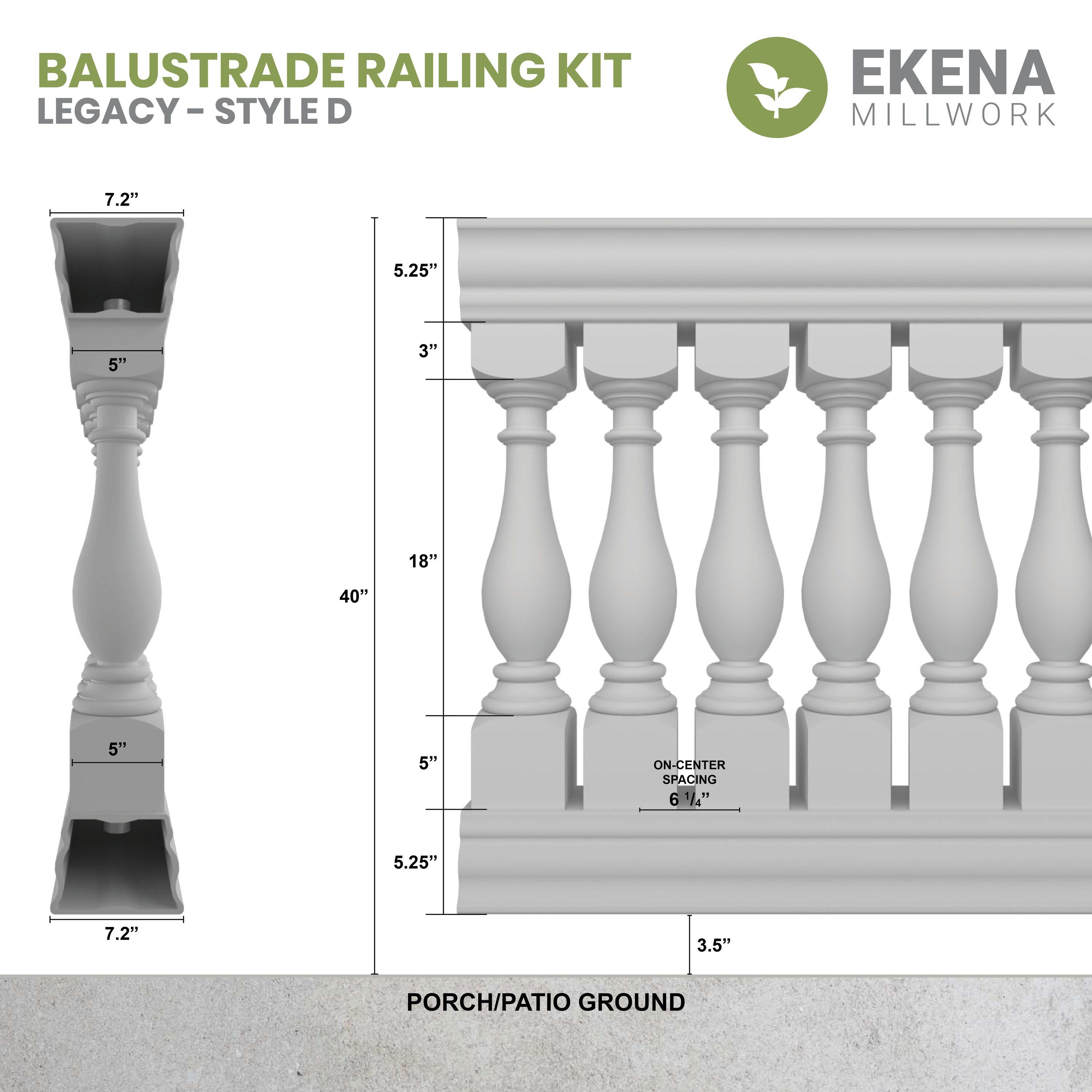 Ekena Millwork 40"H x 3'L Fiberthane Legacy Unassembled Balustrade Railing Kit, Style D (6 1/4" On-Center Spacing to Pass 4" Sphere Code)