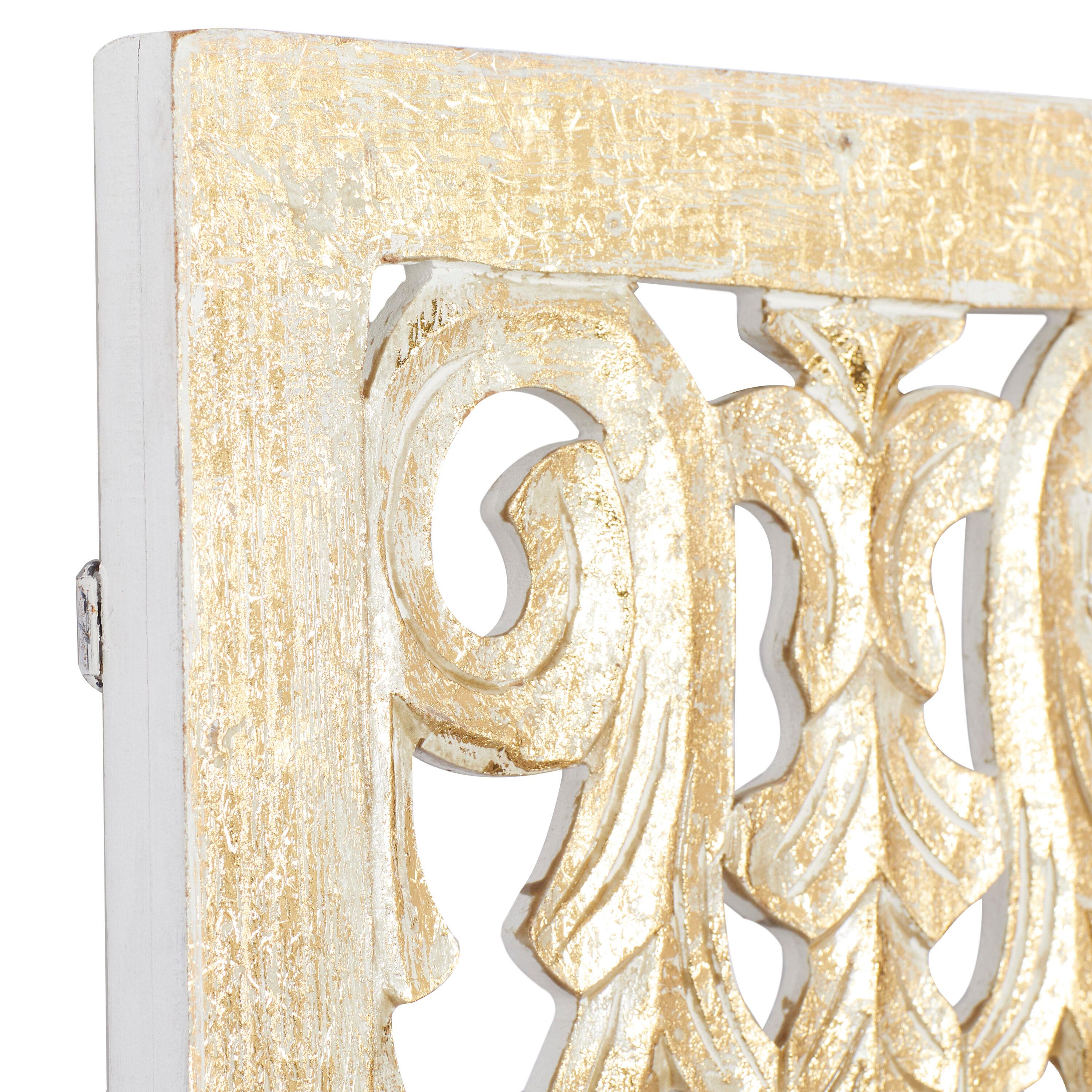 Wooden Handmade Intricately Carved Arabesque Scroll Gold Wall Decor with Cream Backing