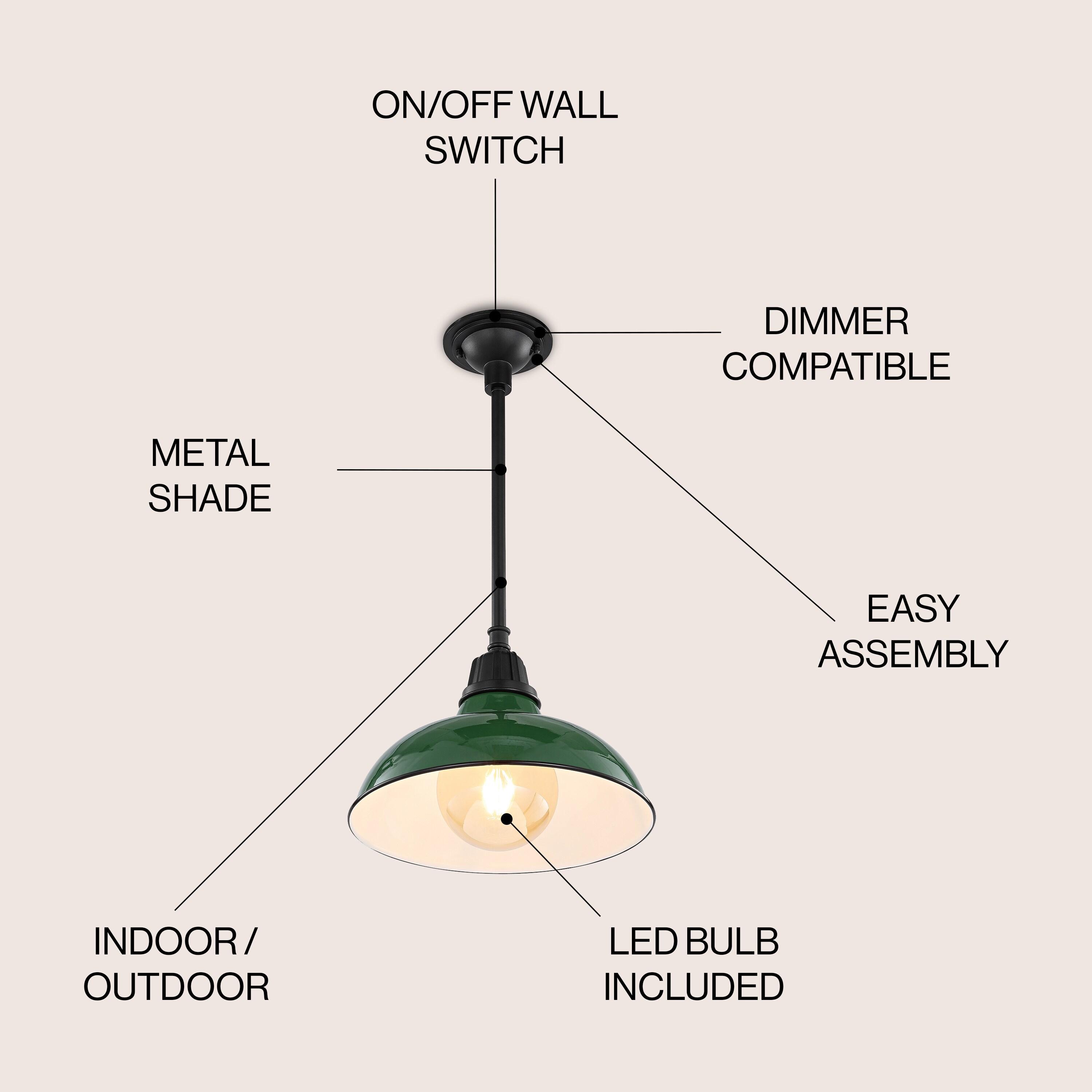 Jasper 12.25" 1-Light Farmhouse Industrial Indoor/Outdoor Iron LED Pendant, Green