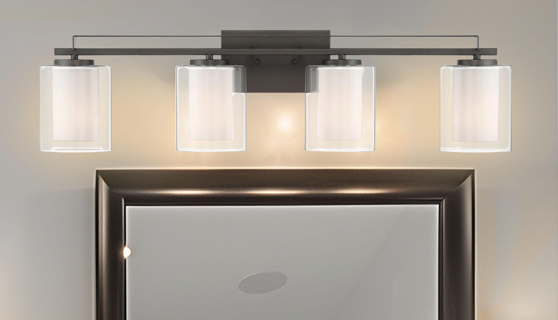Minka Lavery Industrial Wall Light Smoked Iron Hardwired 32 1/2" 4-Light Fixture White Inner Clear Outer Glass Shade for Bathroom