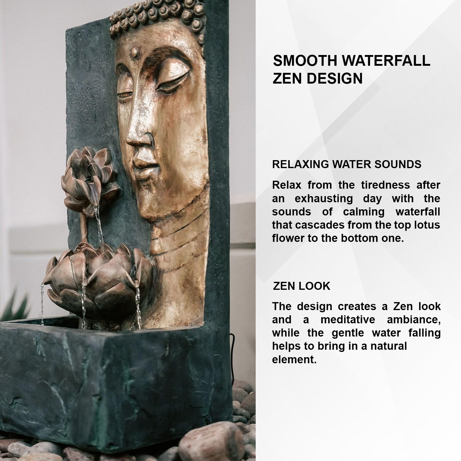 XBrand 30" H Zen Buddha Face Water Fountain w/ LED light & Pump, Indoor/Outdoor Freestanding, Relaxing Zen Décor, Bronze and Natural Grey Polyresin Fountain for Home Patio Garden Backyard