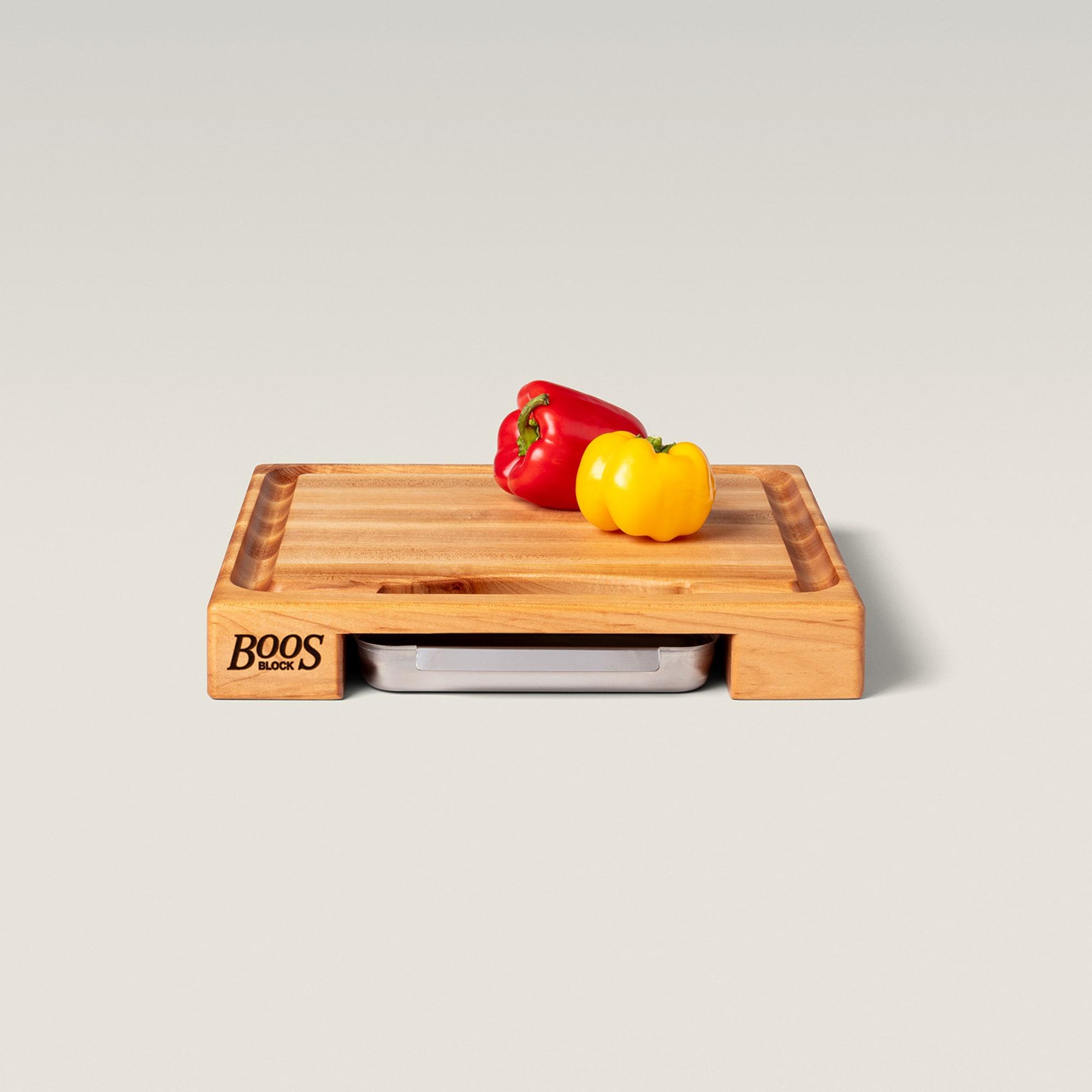 John Boos Boos Block Newton Prep Master Reversible Wood Cutting Board with Juice Groove and Pan, 2.25-Inch Thickness, 15" x 14" x 2 1/4", Maple