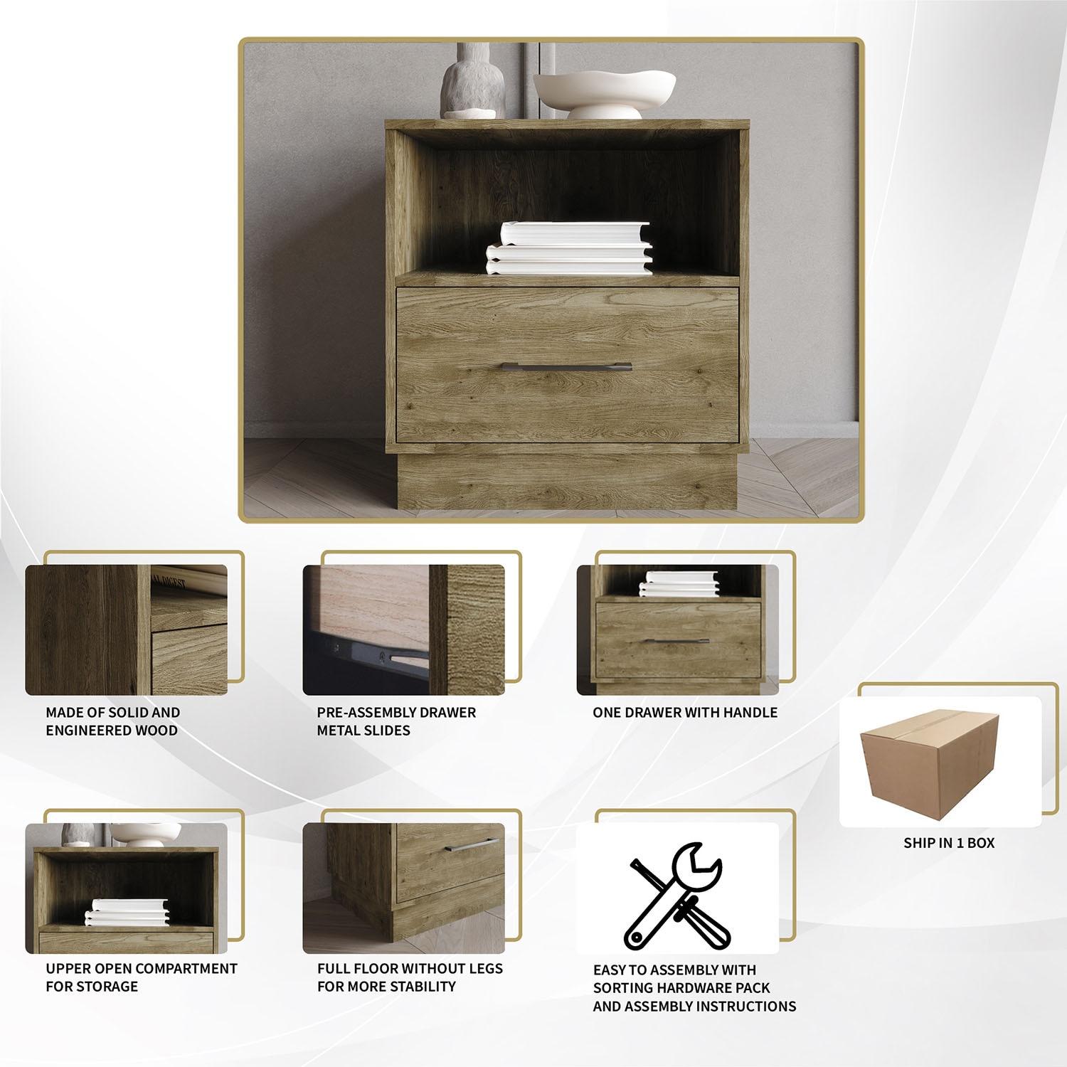 Castle Place Rustic Wood 1 Drawer Nightstand, Brown Oak