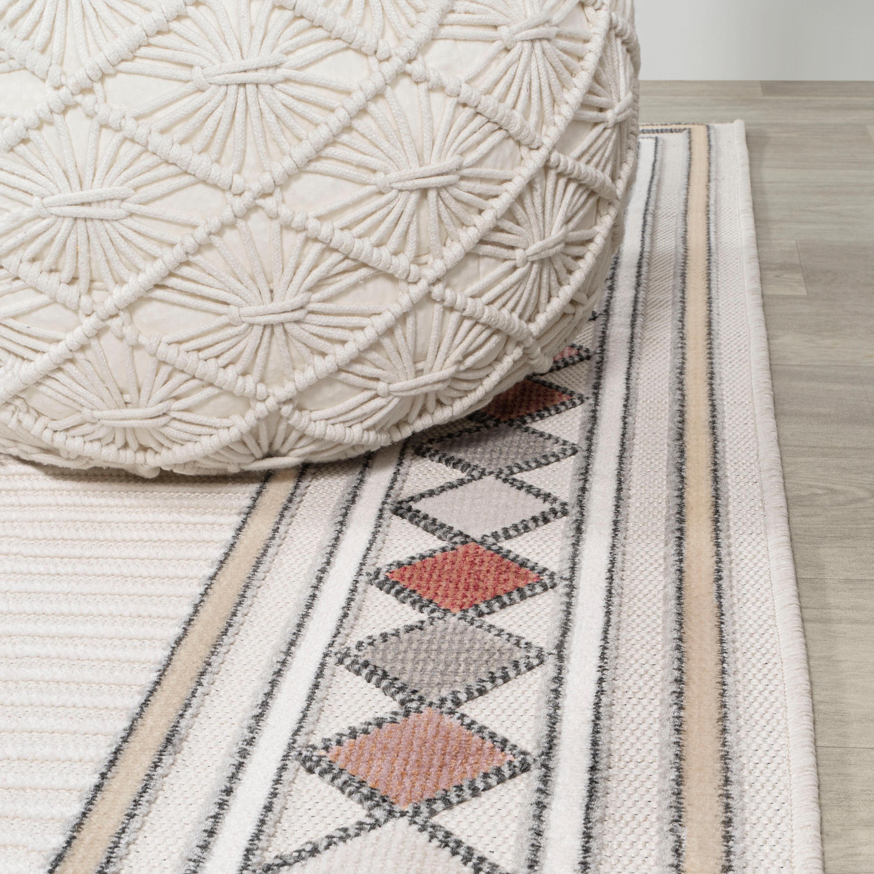 JONATHAN Y Sebastian High-Low Modern Diamond Border Ivory/Beige 5 ft. x 8 ft. Indoor/Outdoor Area Rug