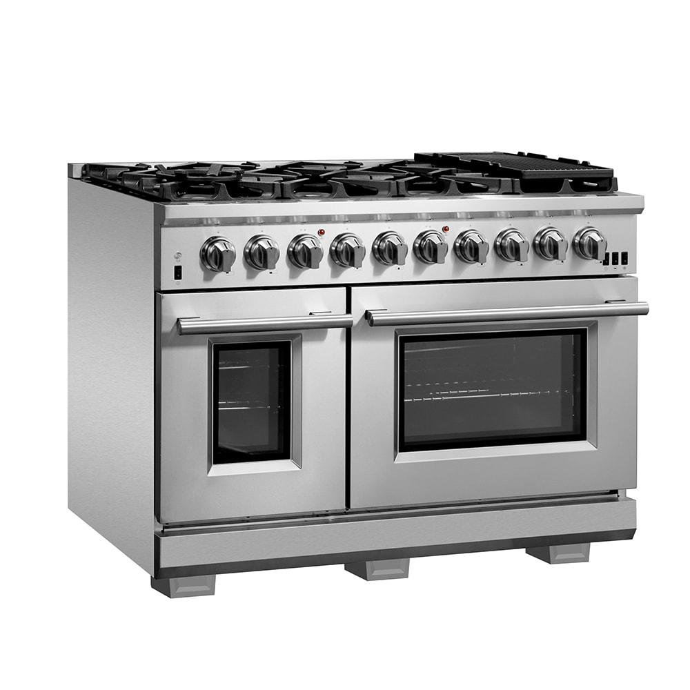 Capriasca 48-inch Gas Range Stainless Steel, 8 Brass Burners 160,000 BTU, 6.58 cu.ft. Double Ovens