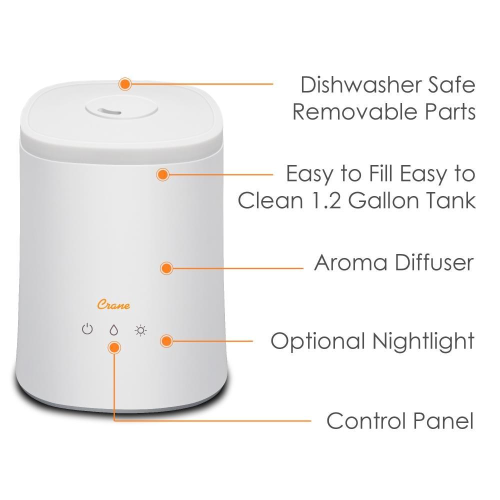 Crane USA 1.2 Gal. Cool Mist Ultrasonic Tabletop Humidifier 500 Sq. Ft., With Night Light, For Bedroom