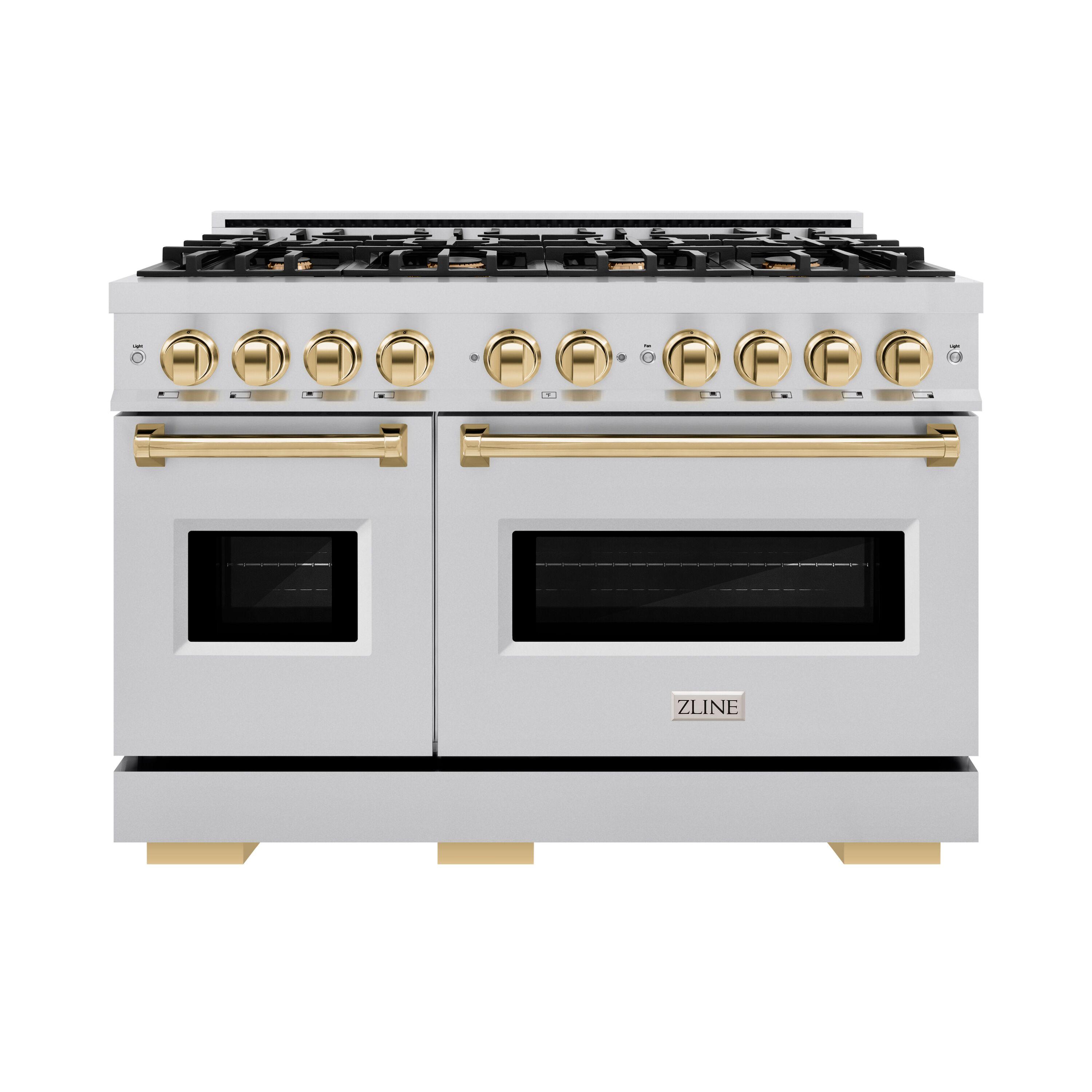 ZLINE ZLINE Autograph Edition 48 in. 6.7 cu. ft. Classic Double Oven Gas Range W/ 8 Burner Cooktop in Stainless Steel & Matte Black Accents (CGRZ-48-MB) CGRZ-48-G