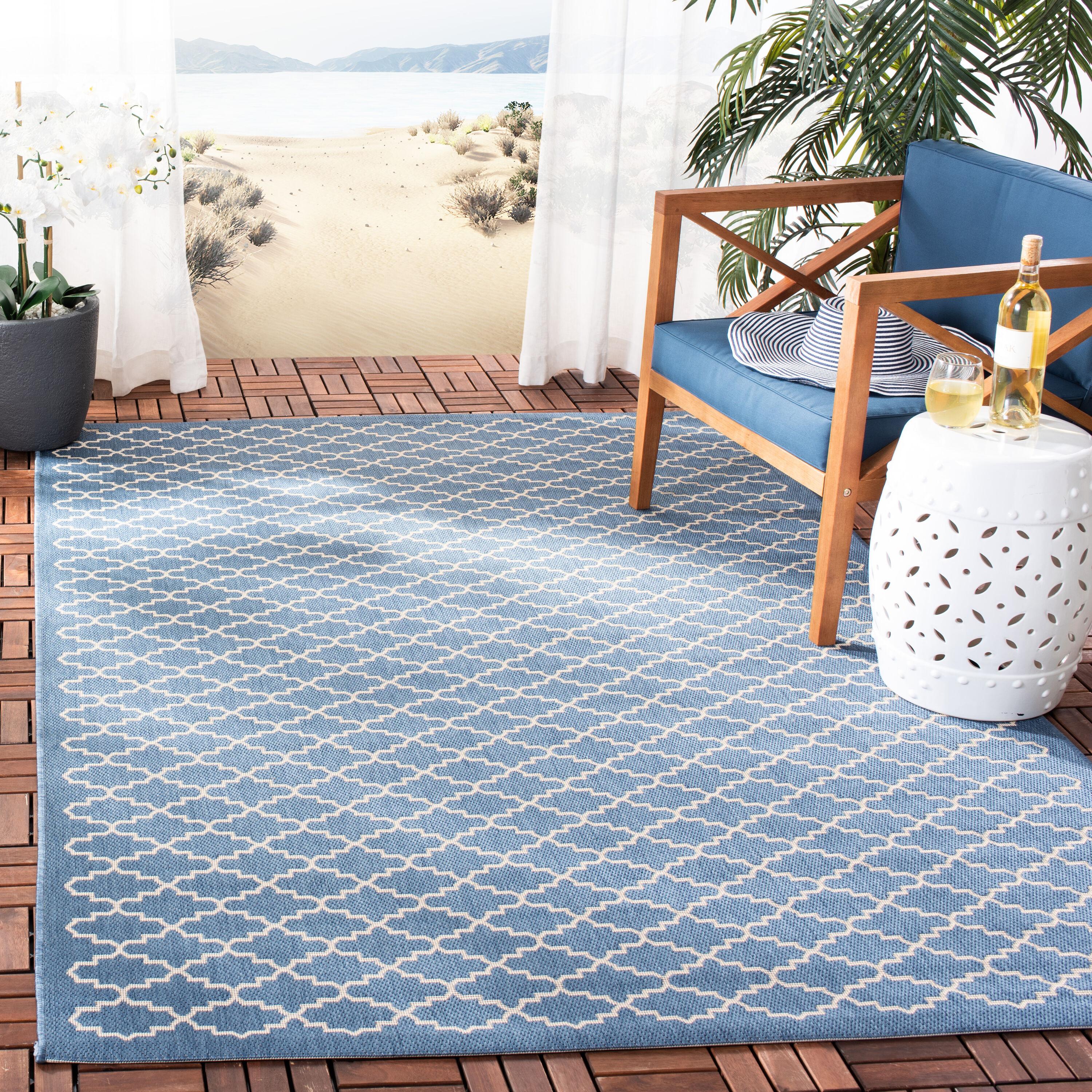 SAFAVIEH Courtyard Hilbert Trellis Indoor/Outdoor Area Rug, 4' x 4' Square, Blue/Beige