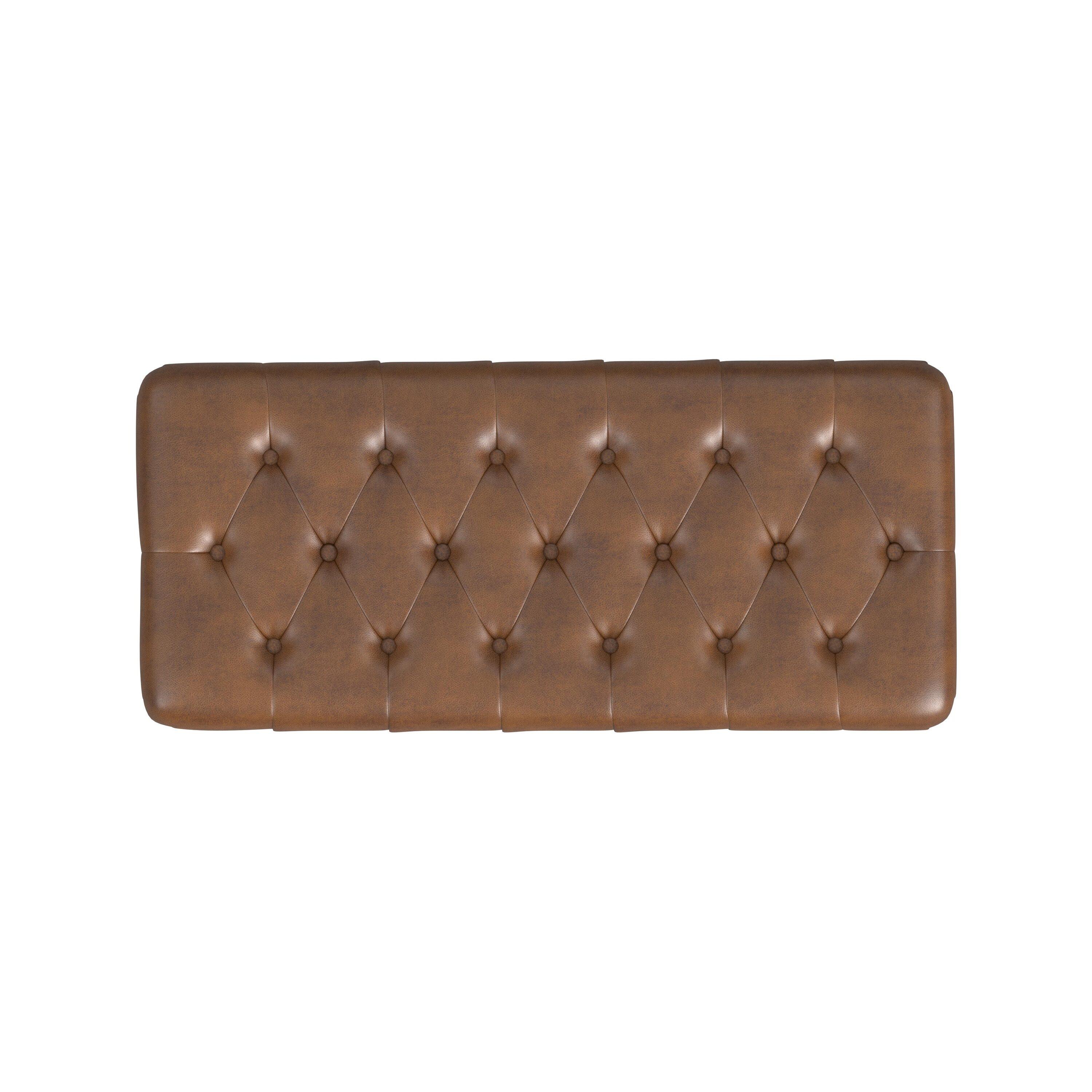 Button Tufted Storage Bench with Cone Wood Legs Faux Leather Brown - HomePop: Hinged Lid, Easy Access