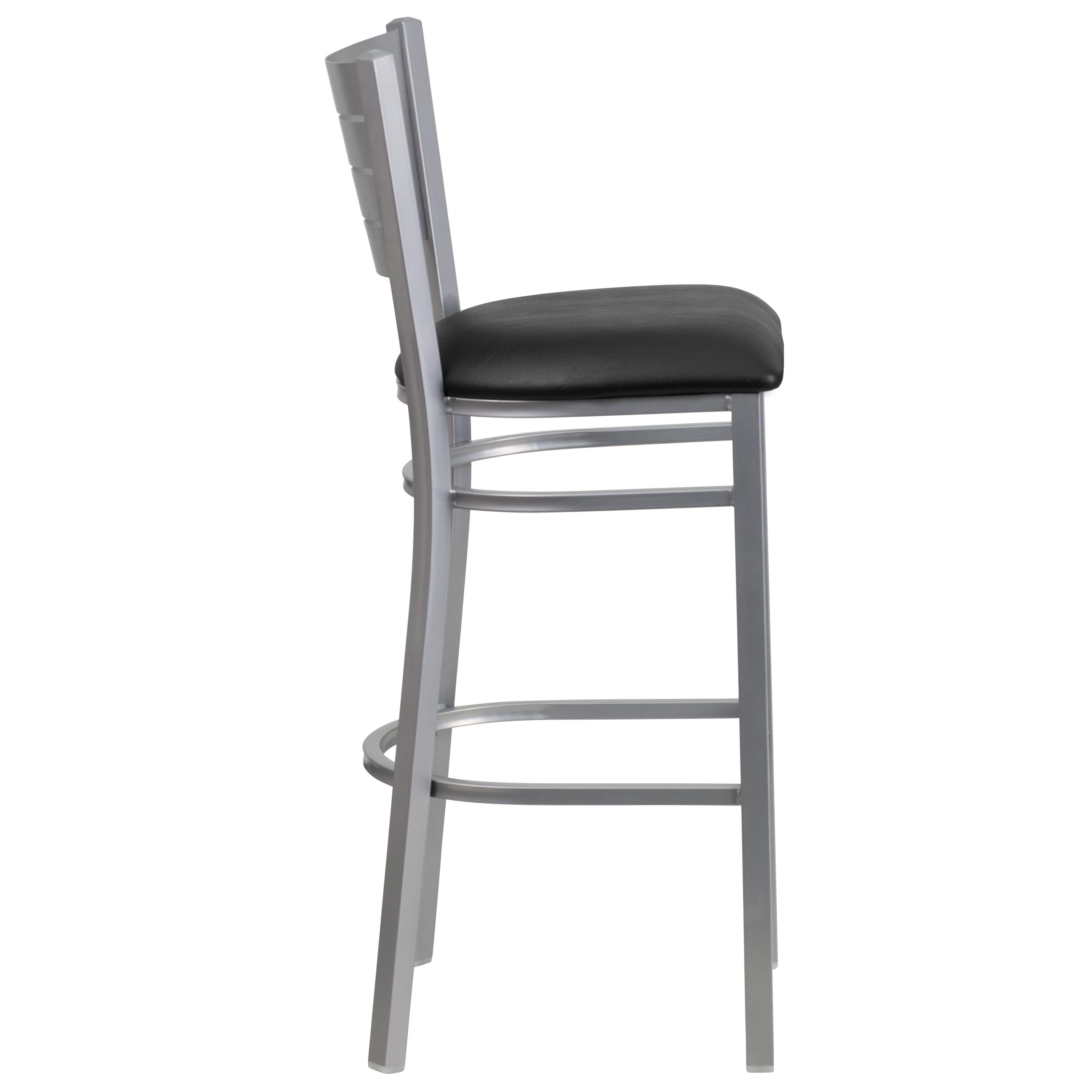 Flash Furniture HERCULES Series Silver Slat Back Metal Restaurant Barstool - Black Vinyl Seat