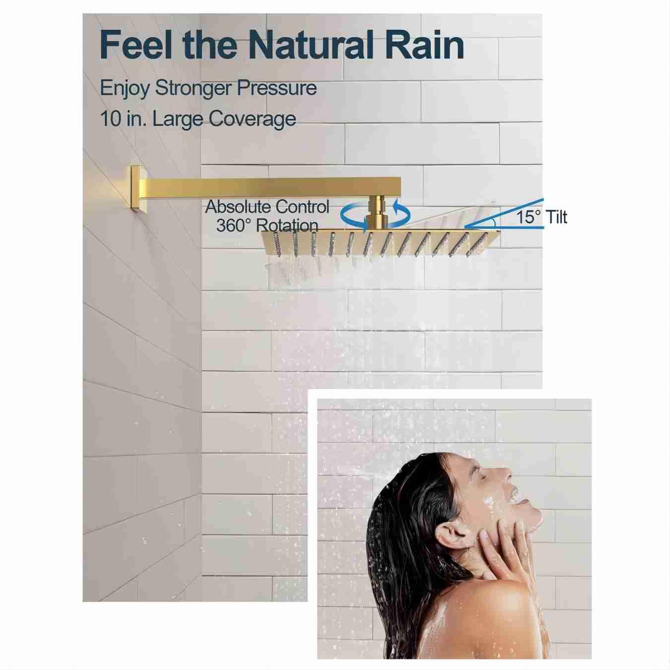 GRANDJOY Complete Shower System, 10" and 6" Dual Wall Mount Rain Shower Faucets with Handheld Shower Spray, High Pressure in Brushed Gold