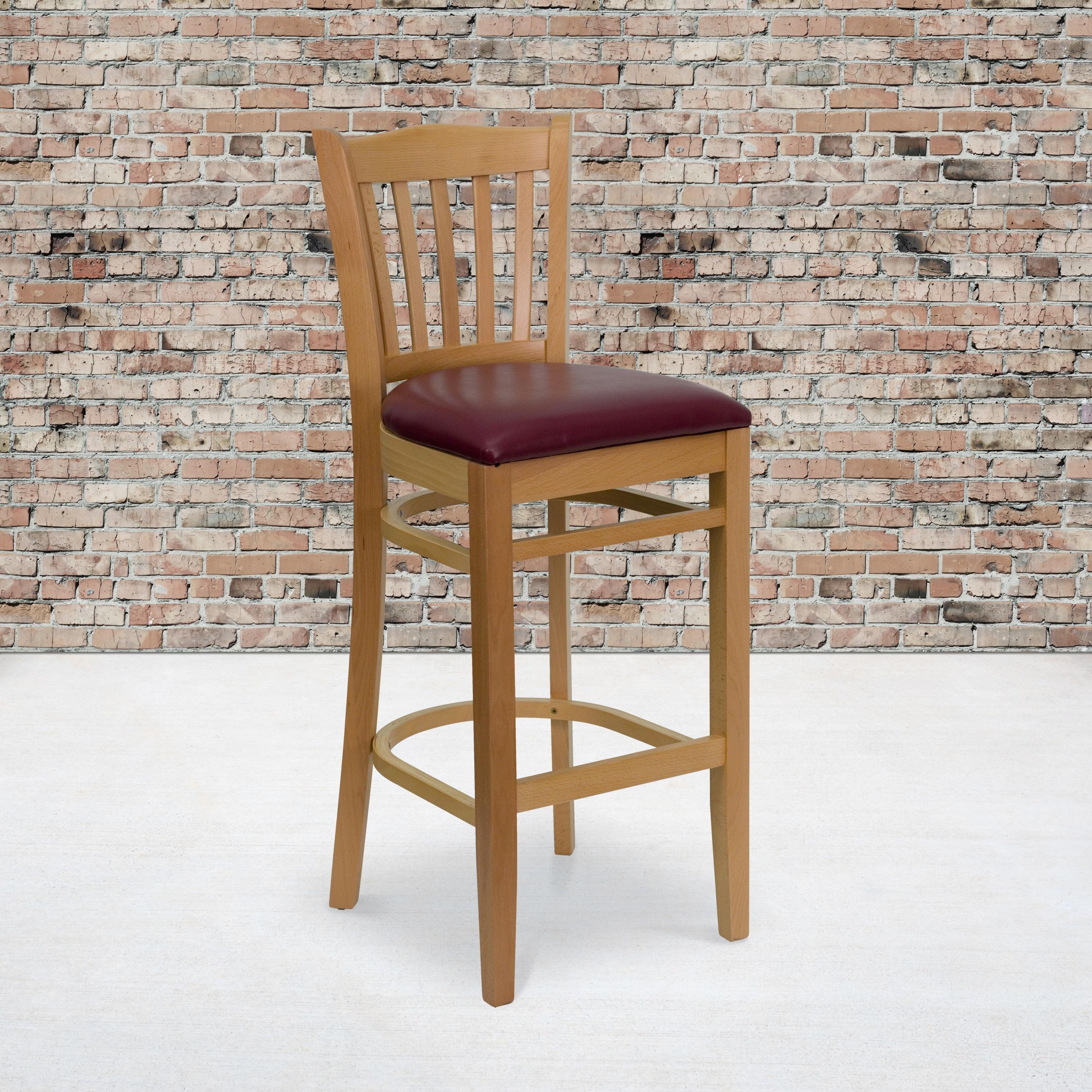 Flash Furniture HERCULES Series Vertical Slat Back Natural Wood Restaurant Barstool - Burgundy Vinyl Seat