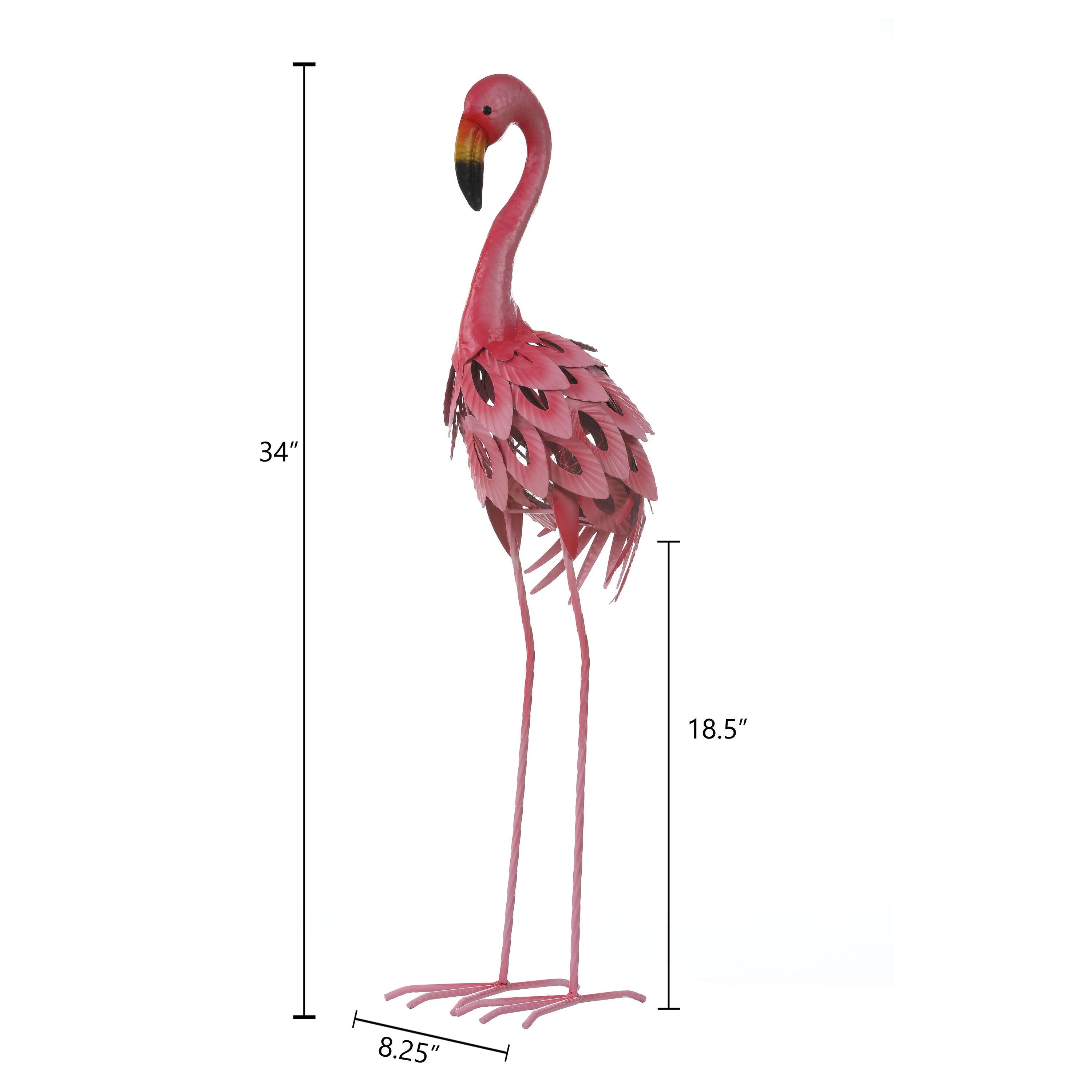 34-Inch Pink Metal Flamingo Garden Statue with Solar Lights