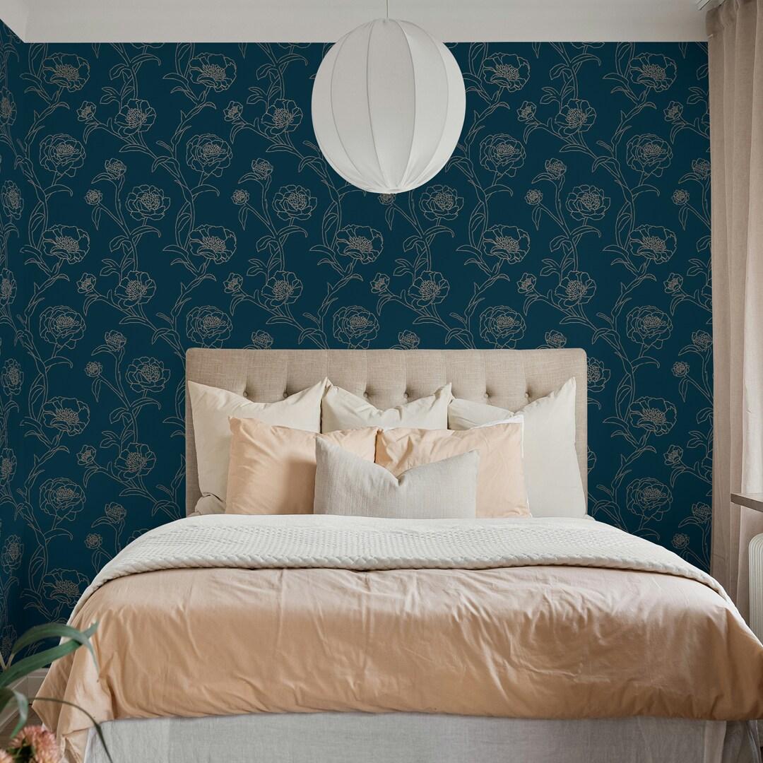 Tempaper & Co.® Peonies Removable Peel and Stick Wallpaper, Peacock Blue and Metallic Gold Floral, 28 sq. ft.: Vinyl Self-Adhesive