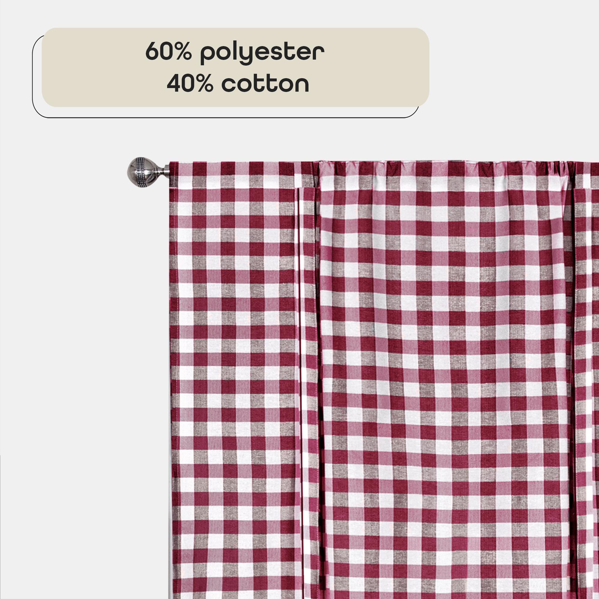 Buffalo Check Plaid Gingham Tie-Up Window Single Curtain, 42" x 63", Burgundy