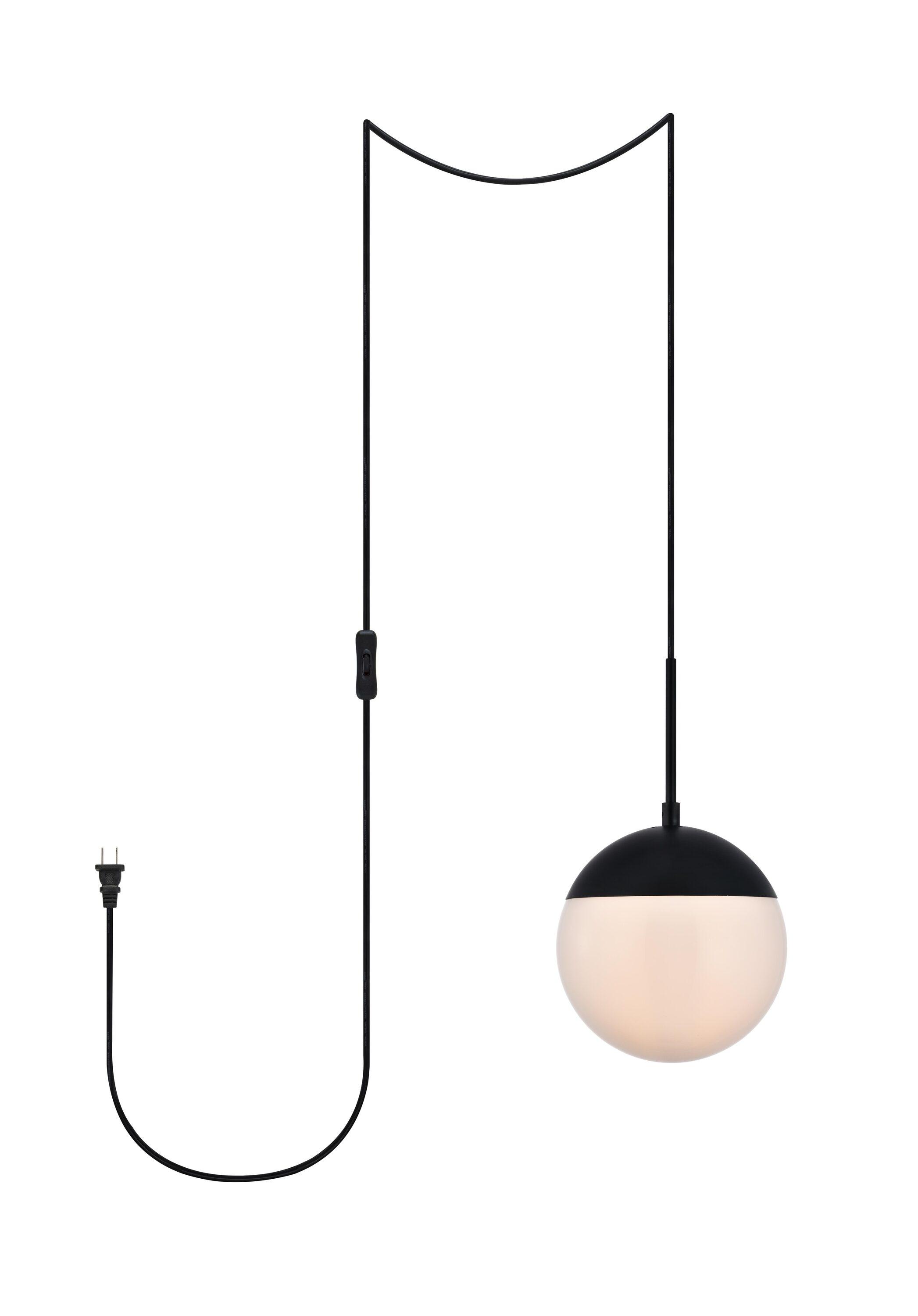 Elegant Lighting Eclipse 1 Light Black plug in pendant With Frosted White Glass