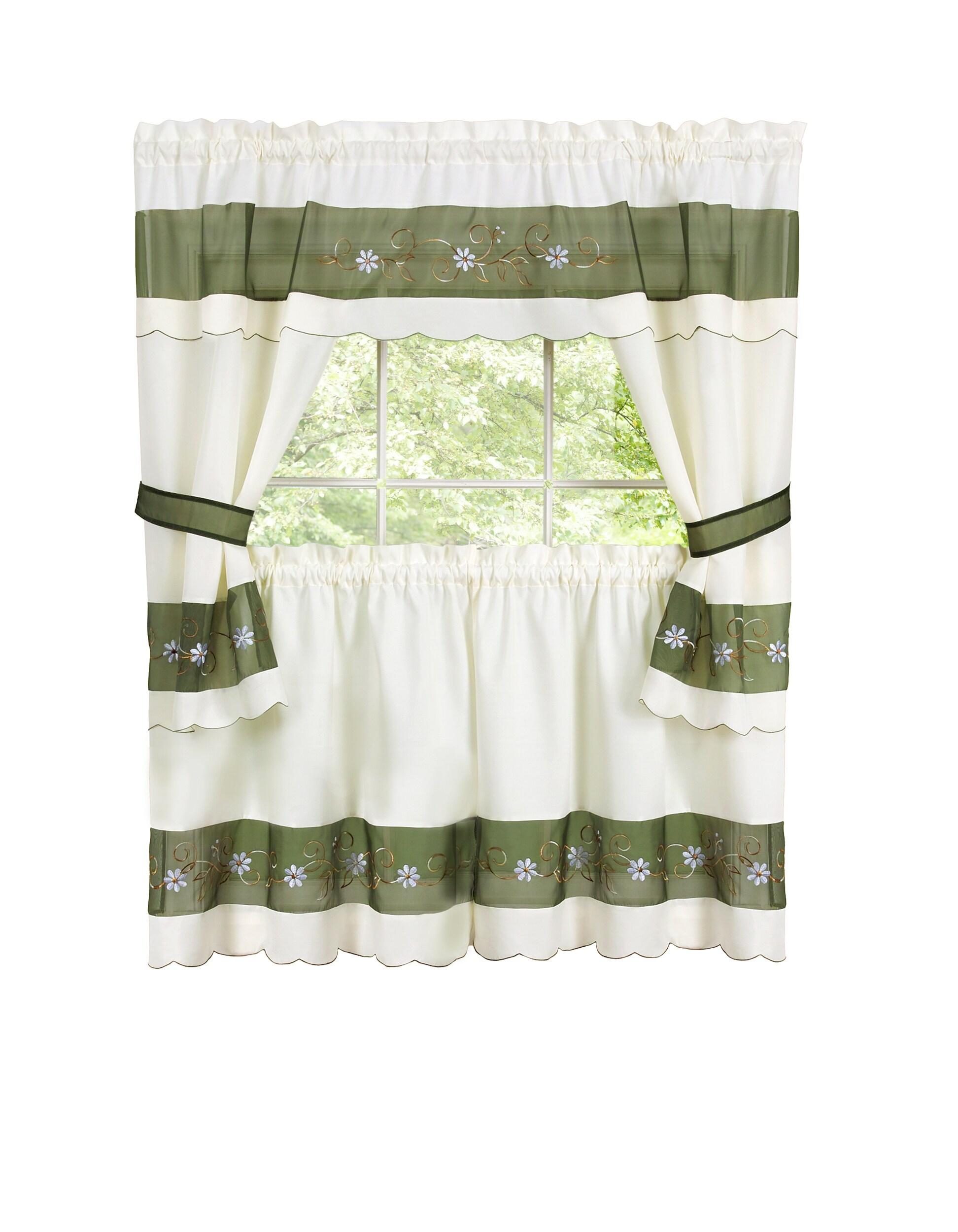 Achim Home Furnishing Berkshire Window Kitchen Curtains 3-Piece Embellished Cottage Set - 56" (W) x 36" (L) Complete Set, Green