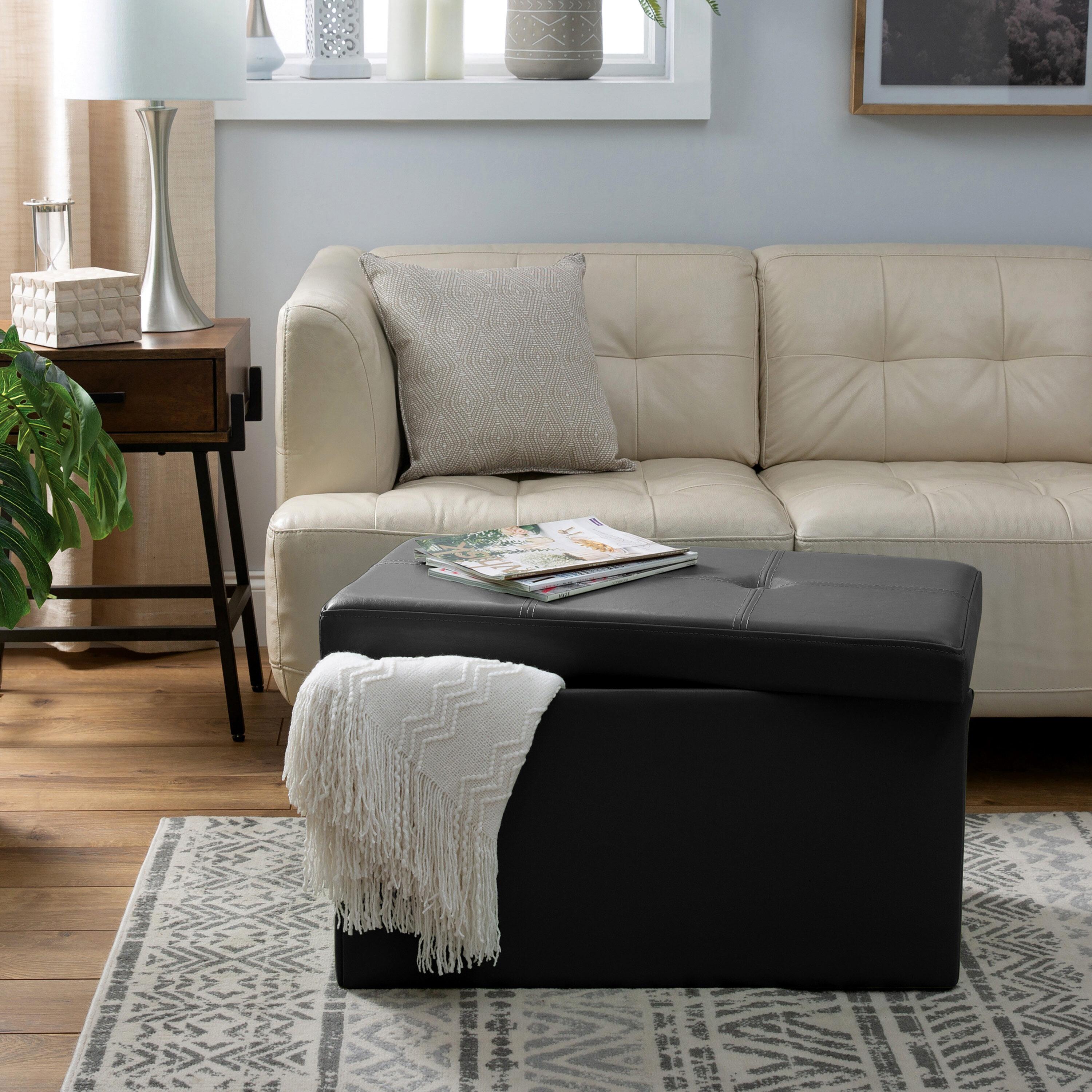 Simplify Faux Leather Double Folding Storage Ottoman in Black