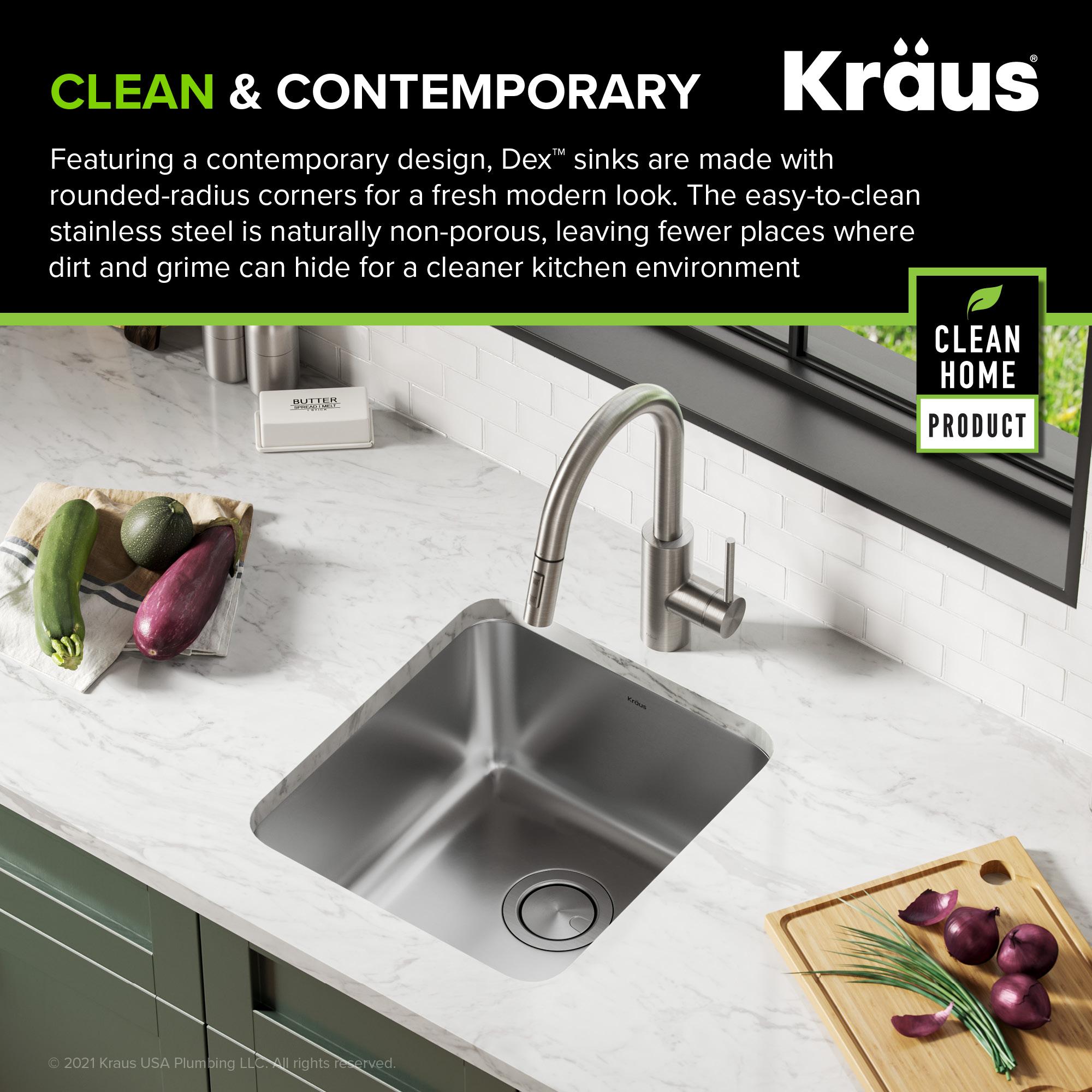 Dex™️ Series KRAUS 17" L Undermount 16 Gauge Stainless Steel Single Bowl Kitchen Sink