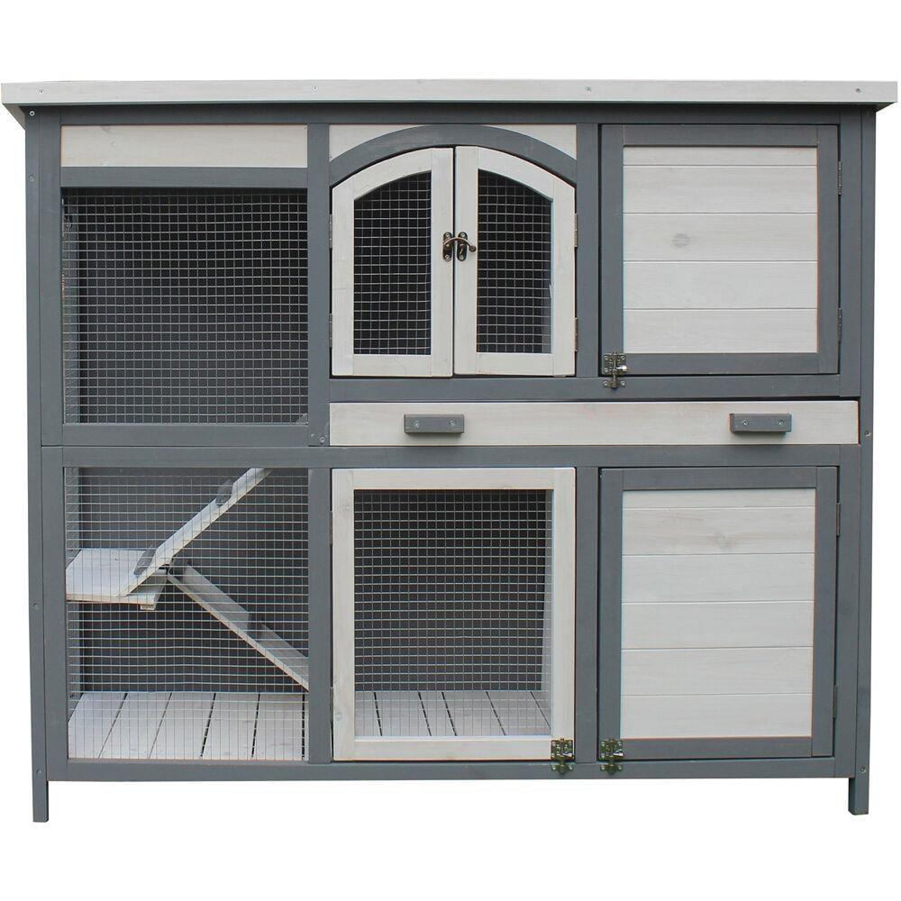 Hanover Outdoor Wooden 2-Story Rabbit Hutch with 2 Ramps, Wire Mesh Run and Removable Tray 4 Ft. W x 1.6 Ft. D x 3.4 Ft. H