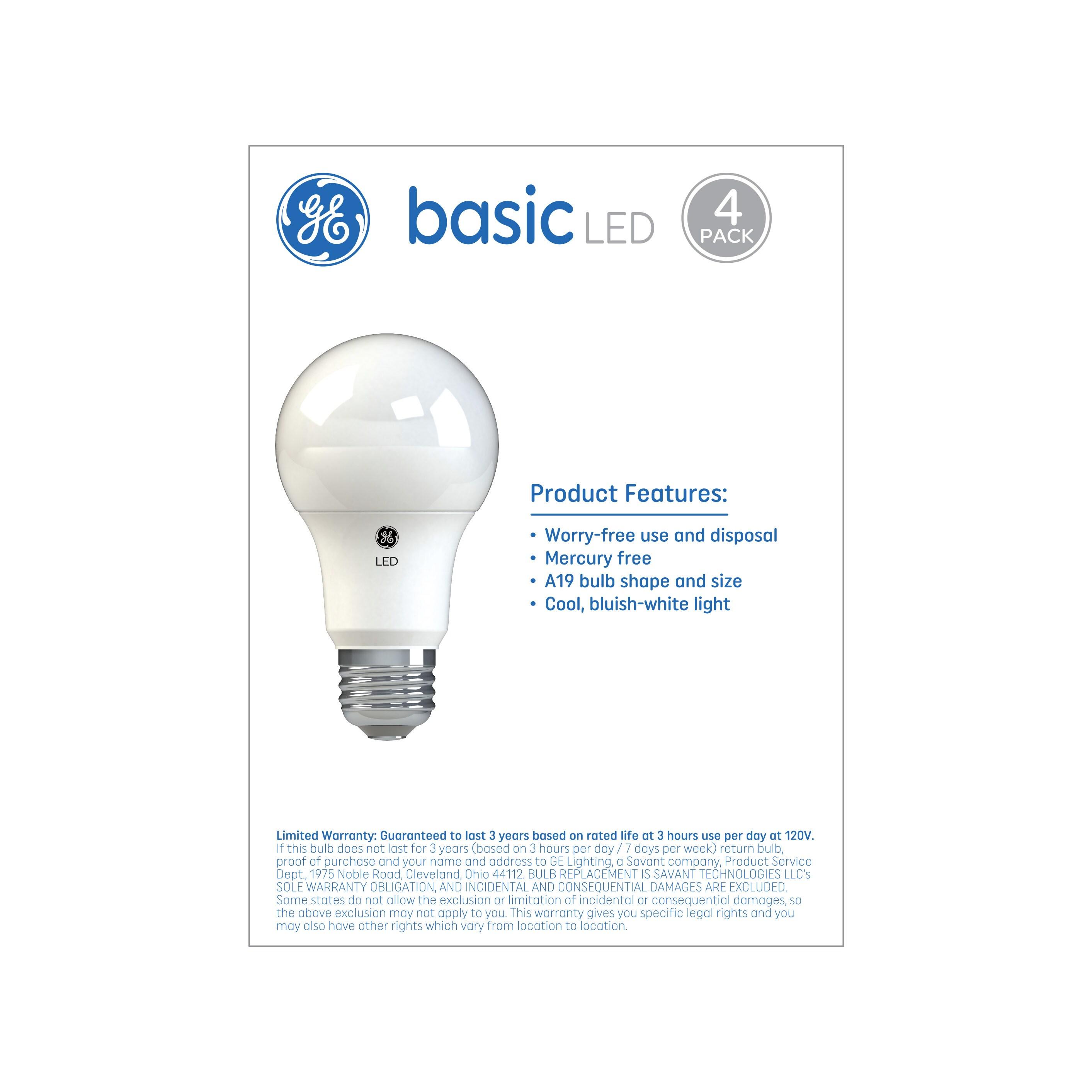 GE 4pk 40W Basic A19 LED Light Bulbs Daylight: 5000K, 420 Lumens, E26 Base, 9.1-Year Life, Damp Location Suitable