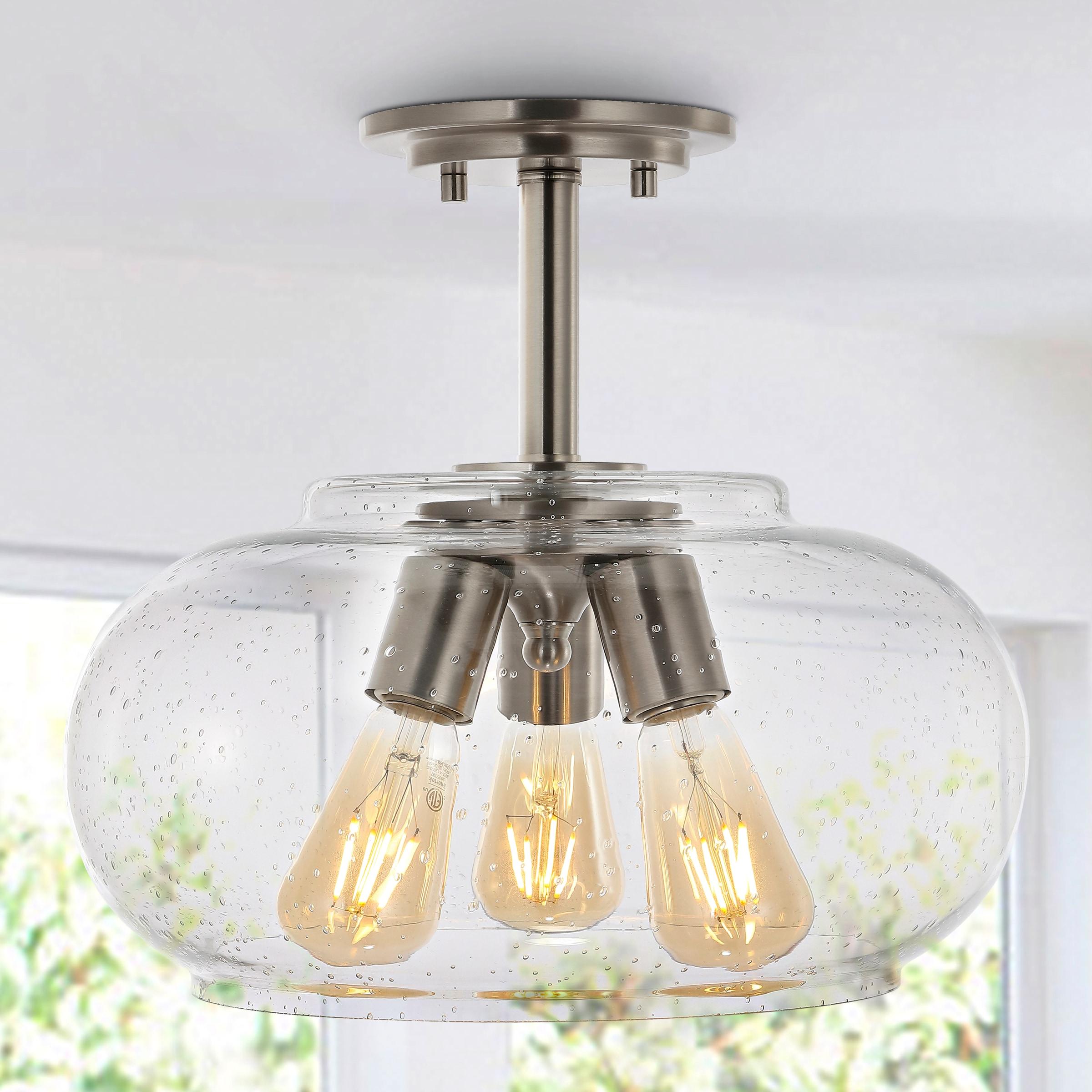Lina 13.75" 3-Light Modern Industrial Iron/Seeded Glass LED Semi Flush Mount, Nickel/Clear