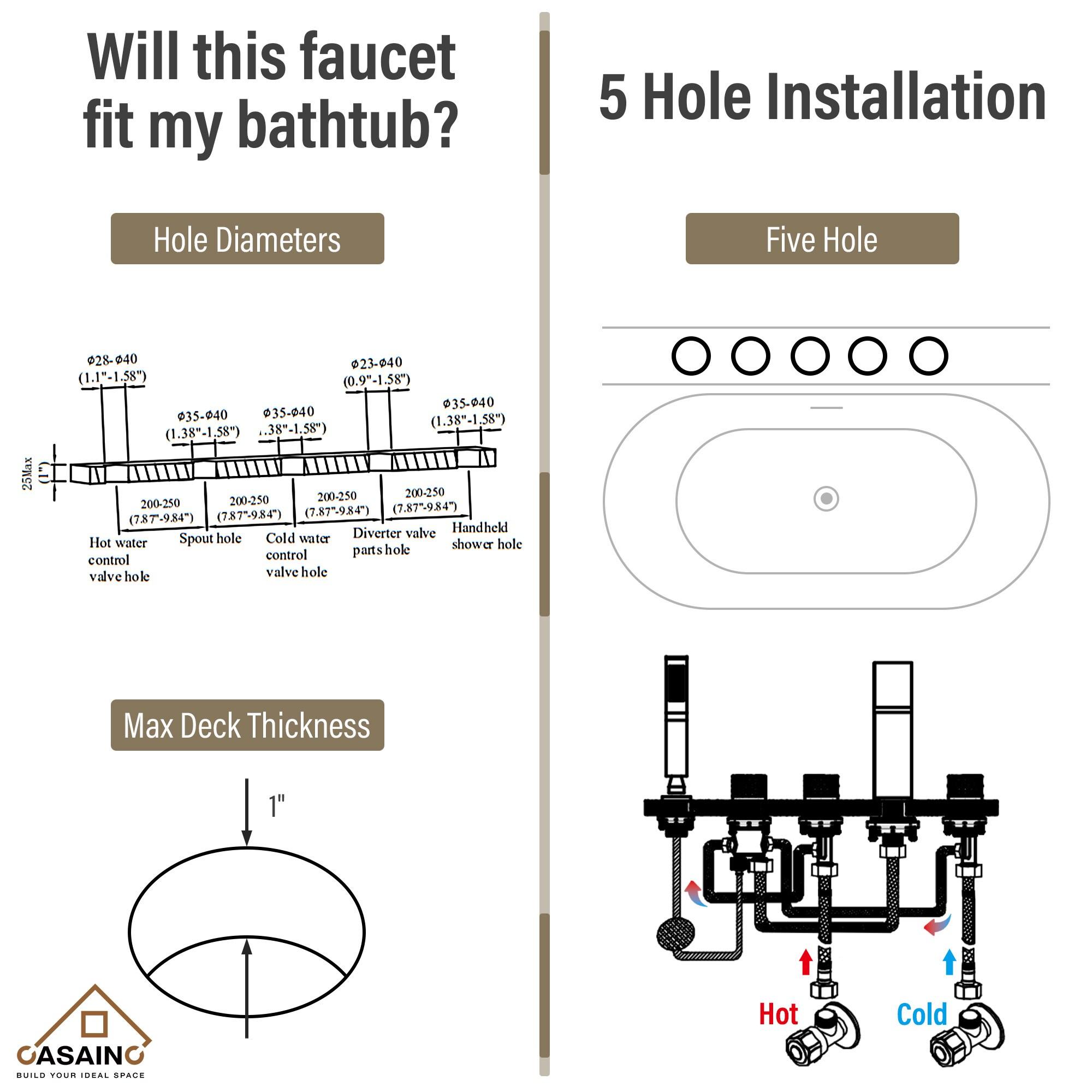 3 Handles Deck Mounted Bathroom Tub Faucet Trim with Handshower