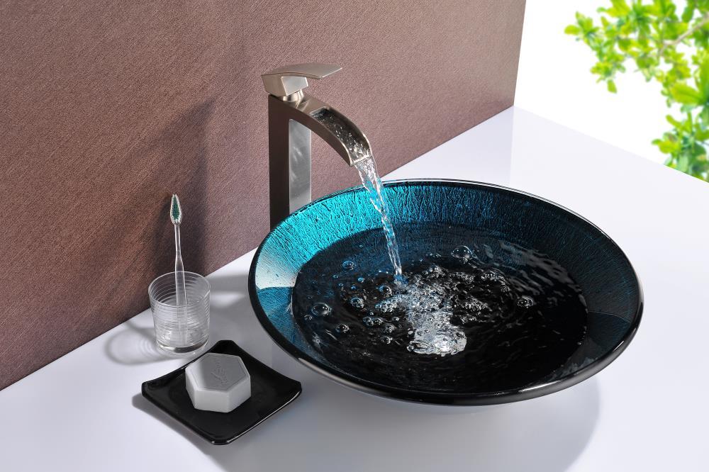 ANZZI Tara 17.7'' Blue/Black Tempered Glass Circular Bathroom Sink