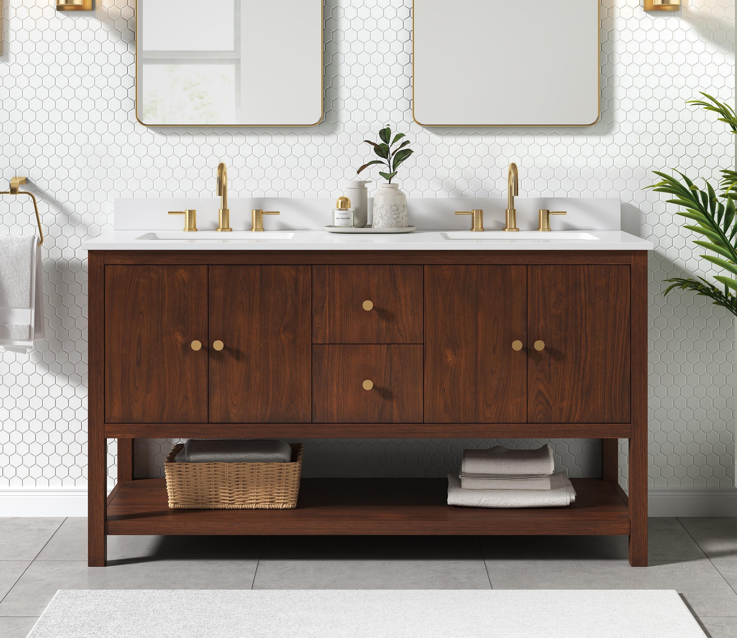 Zoe 61 in. Vanity Combo in Walnut finish with White Quartz Top