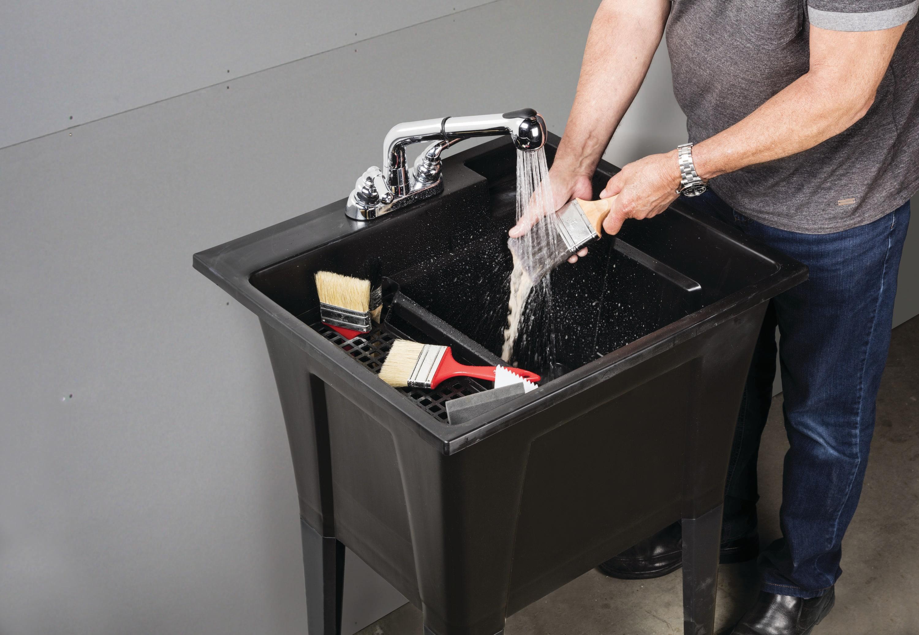 White Stone Freestanding Laundry Sink with Chrome Faucet