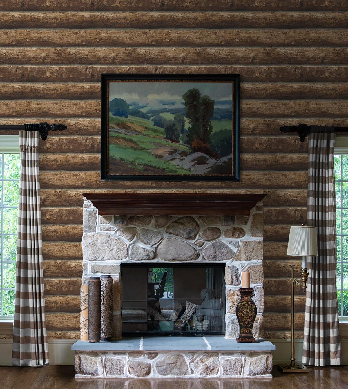 Rustic Brown Faux Log Cabin Peel and Stick Wallpaper