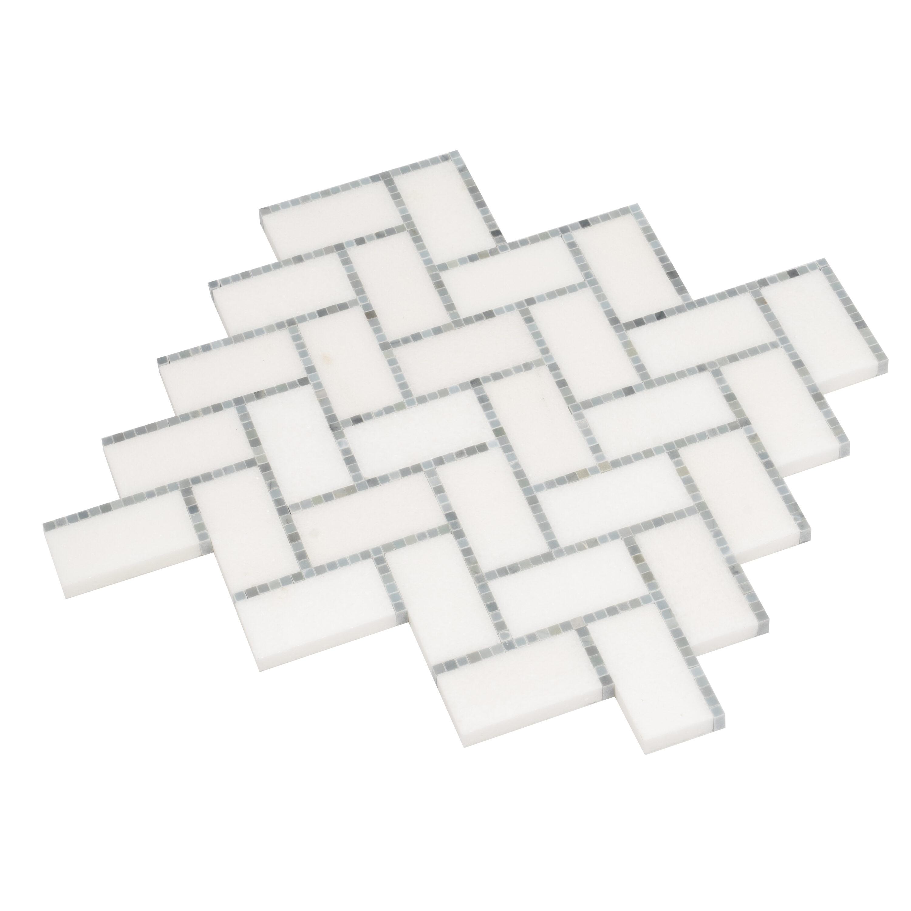 5 pack White and Gray 9.8 in. x 10.8 in. Polished Herringbone Marble Mosaic Floor and Wall Tile (3.68 sq. ft./Case)