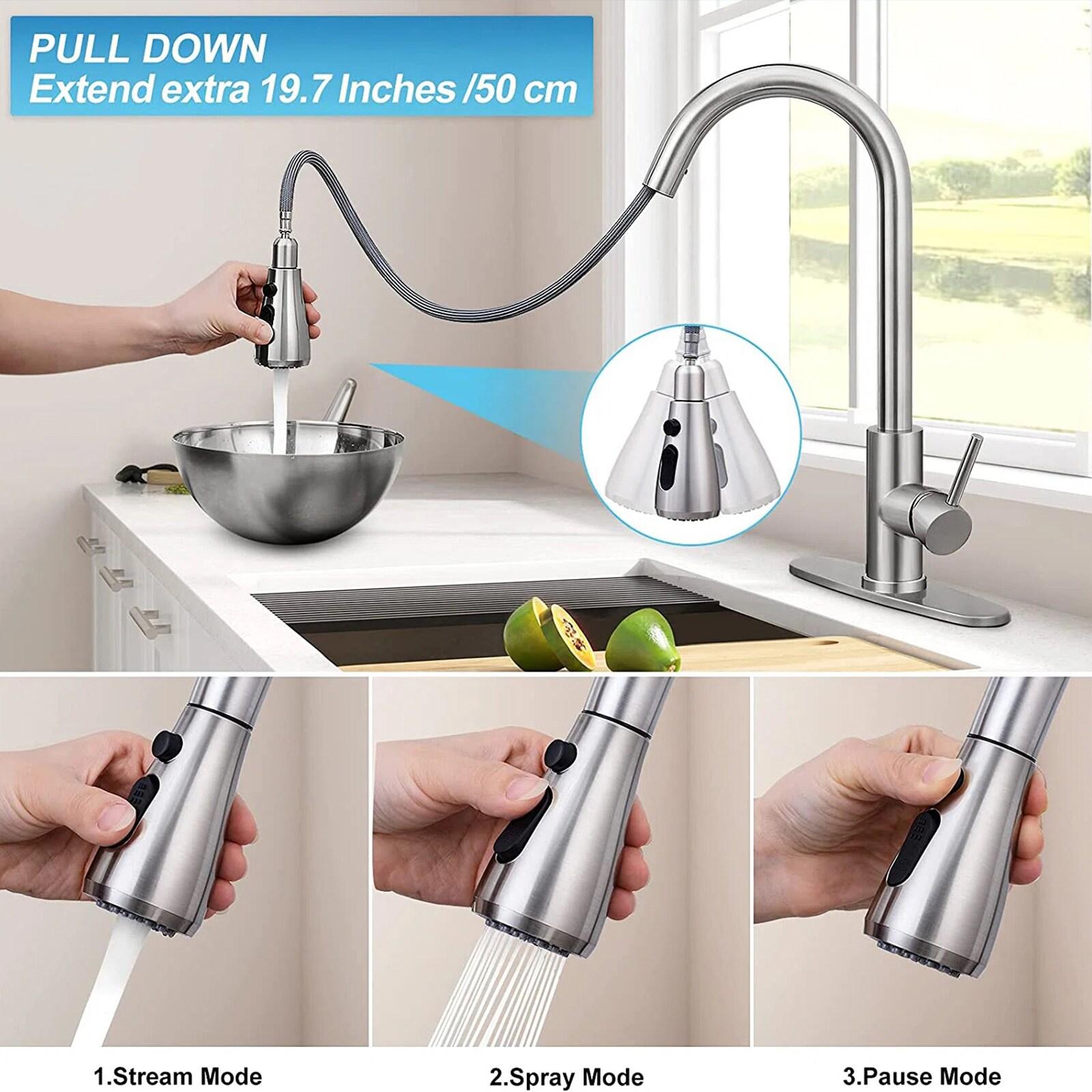 Single Handle Kitchen Faucet Pull Down Sprayer Kitchen Faucet with Deck Plate in Brushed Nickel